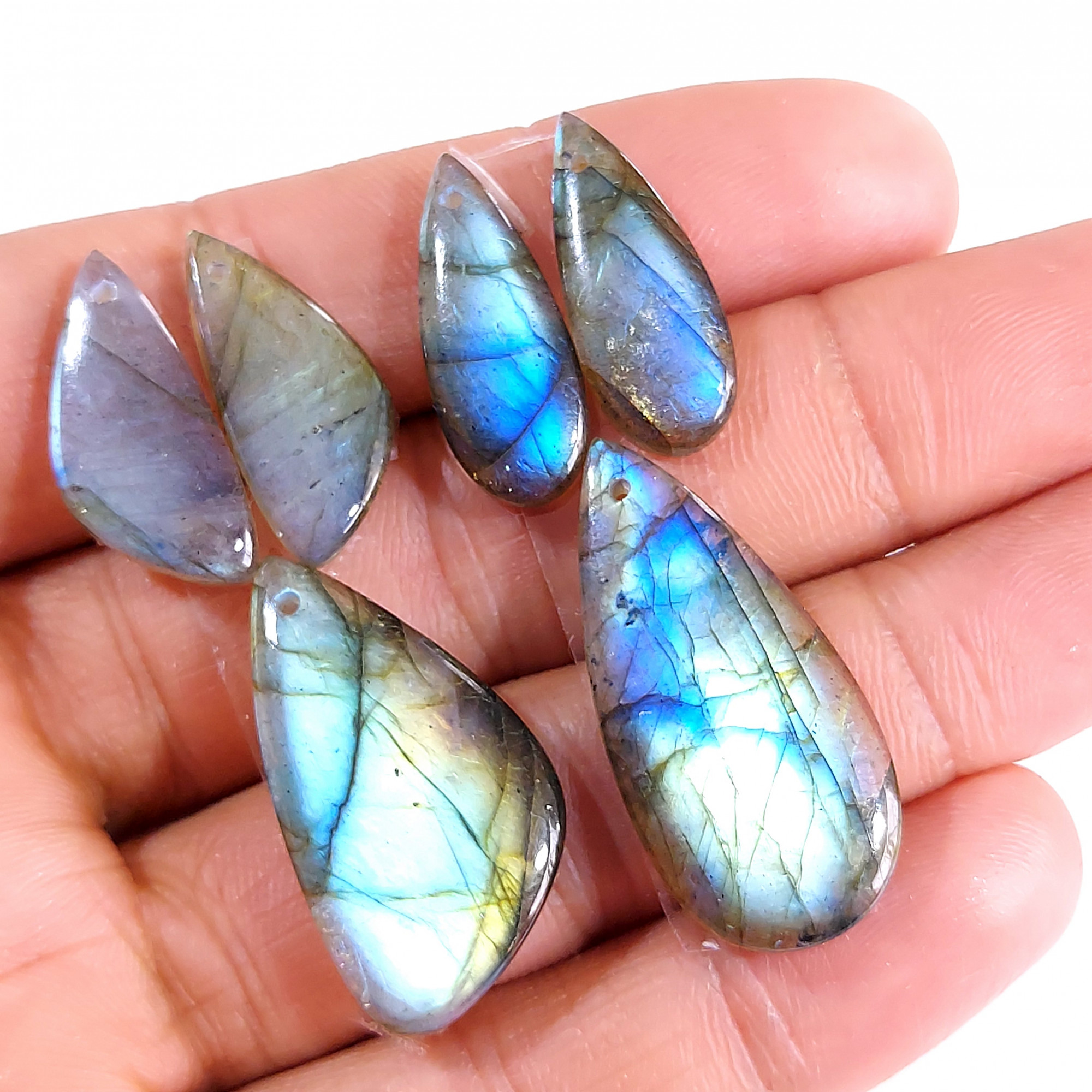 2 Sets 69 Cts Natural Multi Flash Labradorite 3 Pcs Set Front Drill For Earring and Pendant Making Gift For Women Silver Jewelry 15154