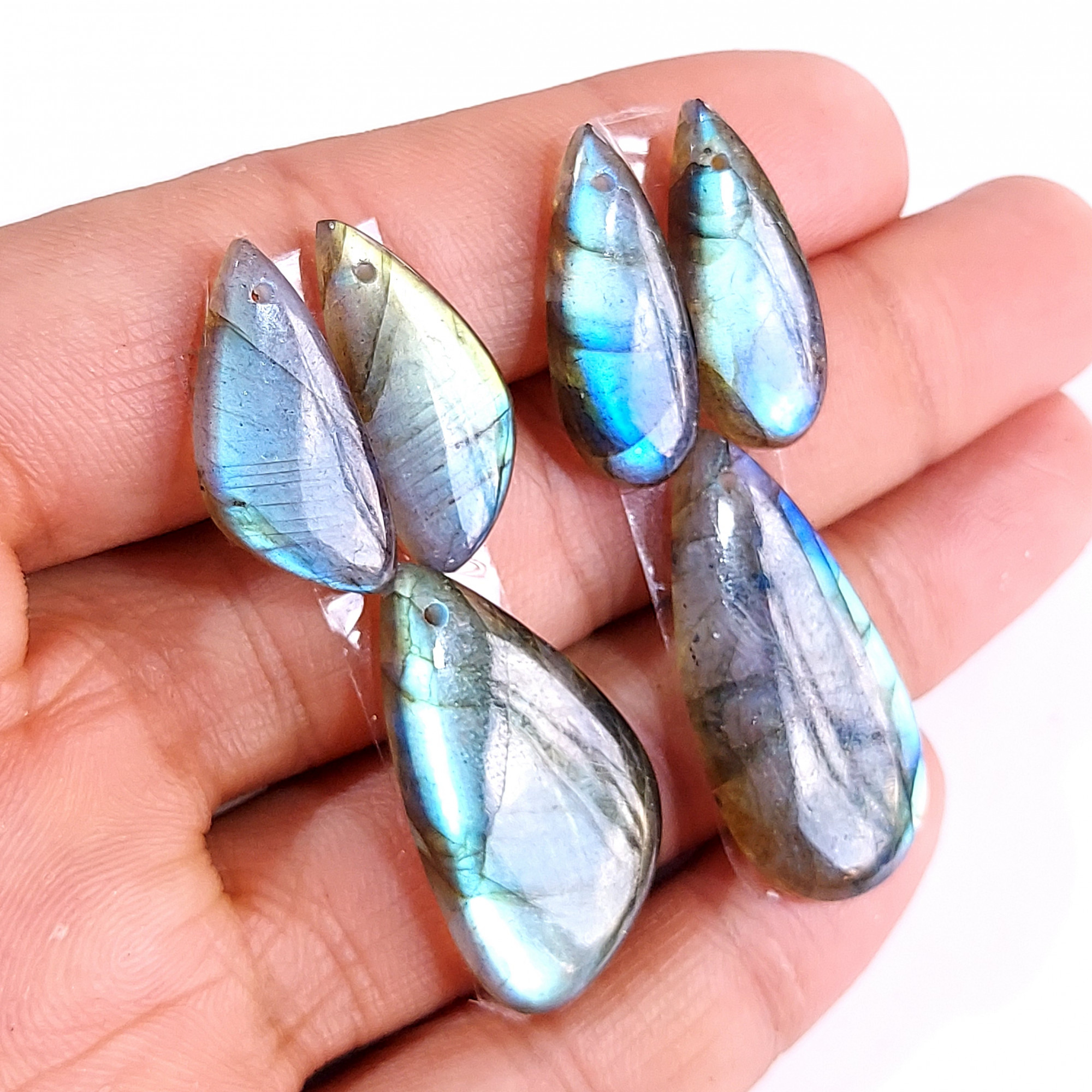 2 Sets 69 Cts Natural Multi Flash Labradorite 3 Pcs Set Front Drill For Earring and Pendant Making Gift For Women Silver Jewelry 15154