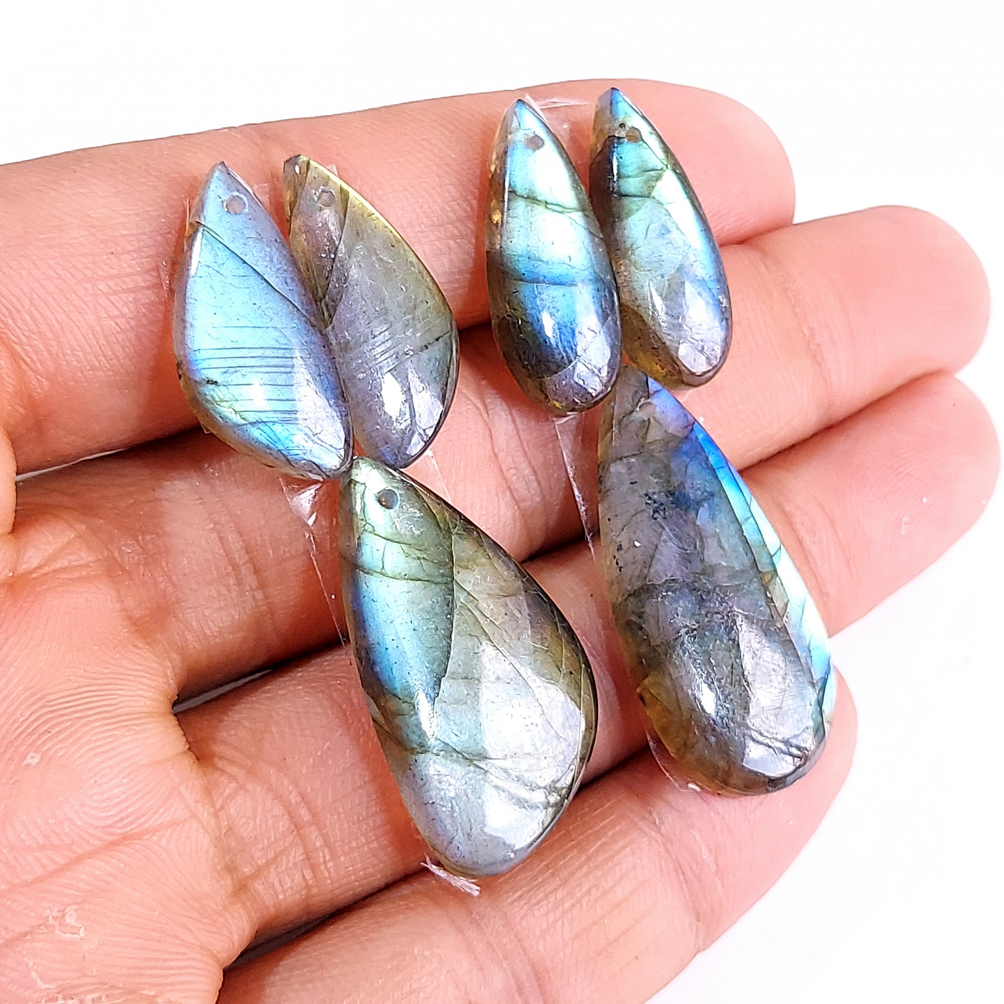 2 Sets 69 Cts Natural Multi Flash Labradorite 3 Pcs Set Front Drill For Earring and Pendant Making Gift For Women Silver Jewelry 15154
