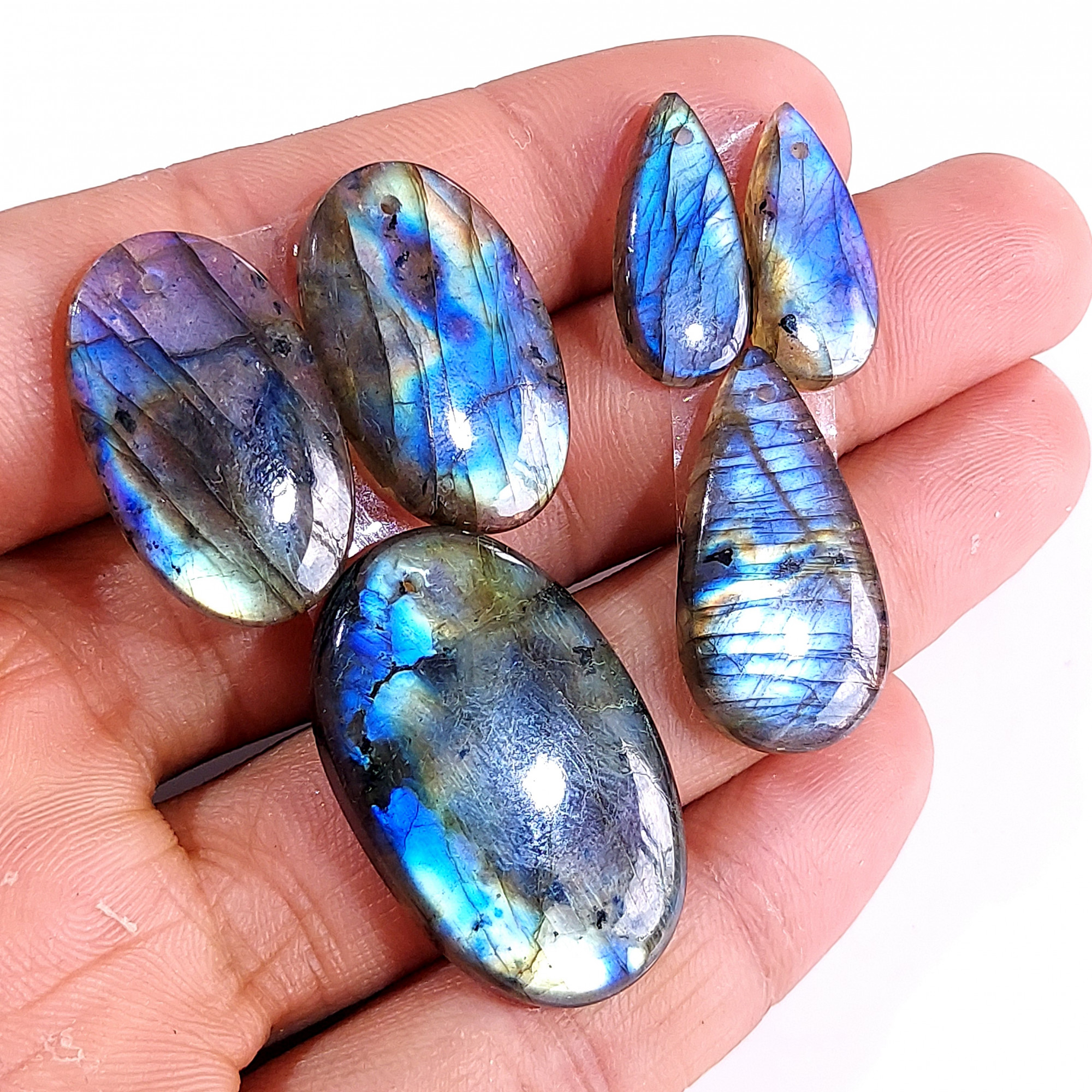 2 Sets 101 Cts Natural Multi Flash Labradorite 3 Pcs Set Front Drill For Earring and Pendant Making Gift For Women Silver Jewelry 15155