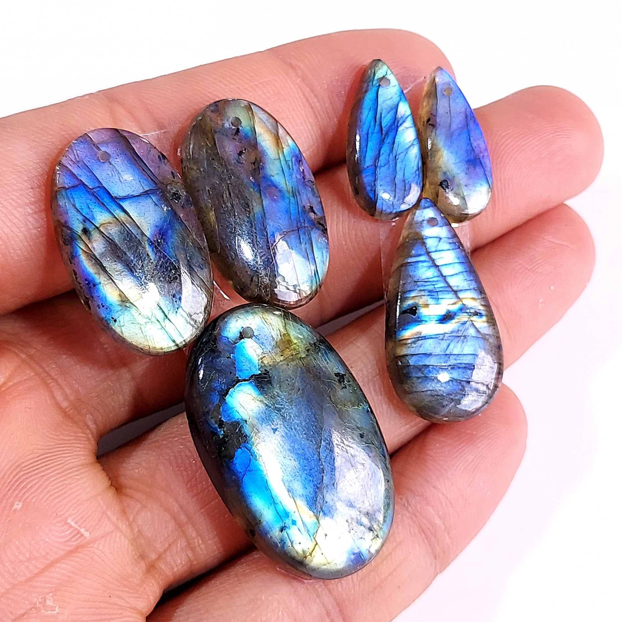2 Sets 101 Cts Natural Multi Flash Labradorite 3 Pcs Set Front Drill For Earring and Pendant Making Gift For Women Silver Jewelry 15155