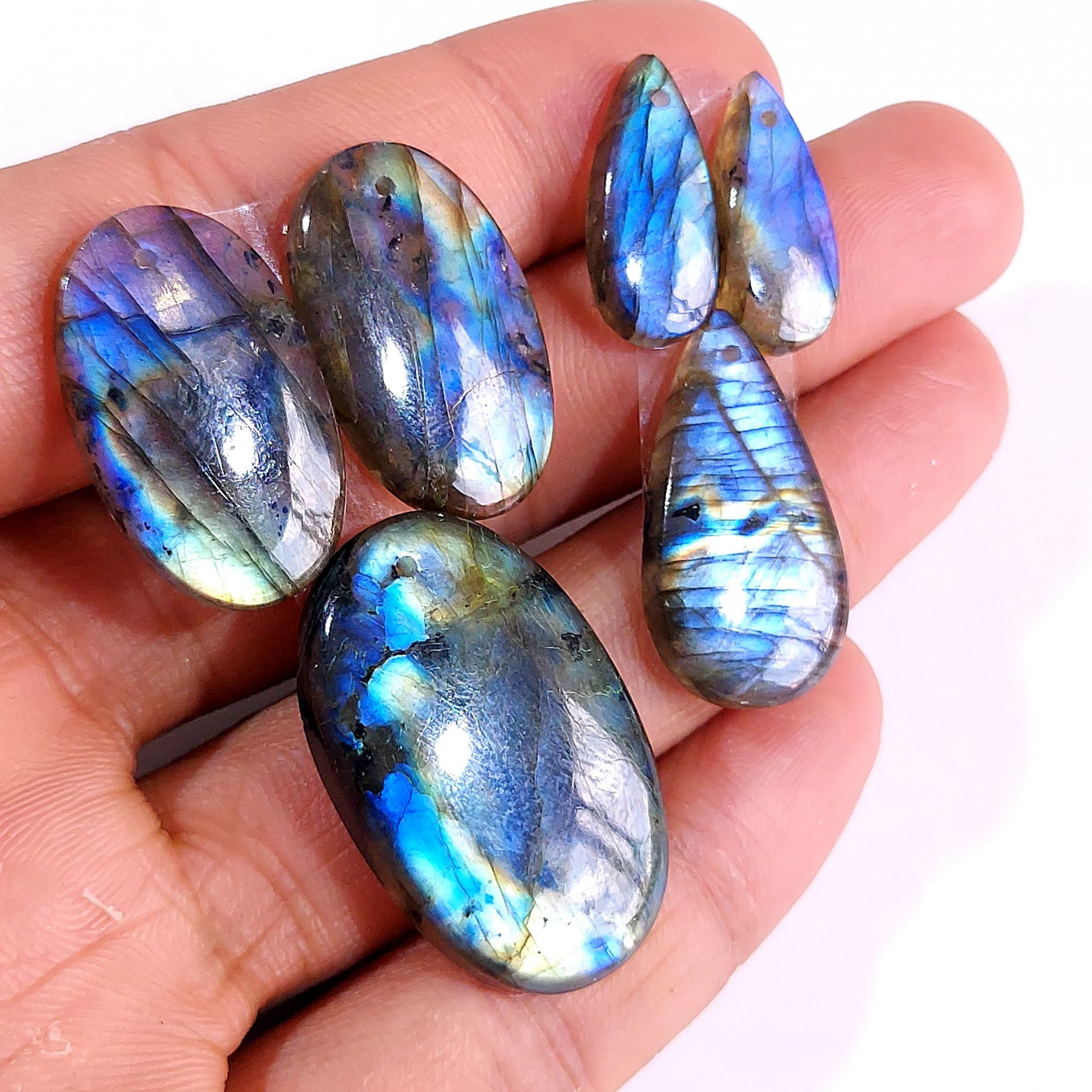 2 Sets 101 Cts Natural Multi Flash Labradorite 3 Pcs Set Front Drill For Earring and Pendant Making Gift For Women Silver Jewelry 15155