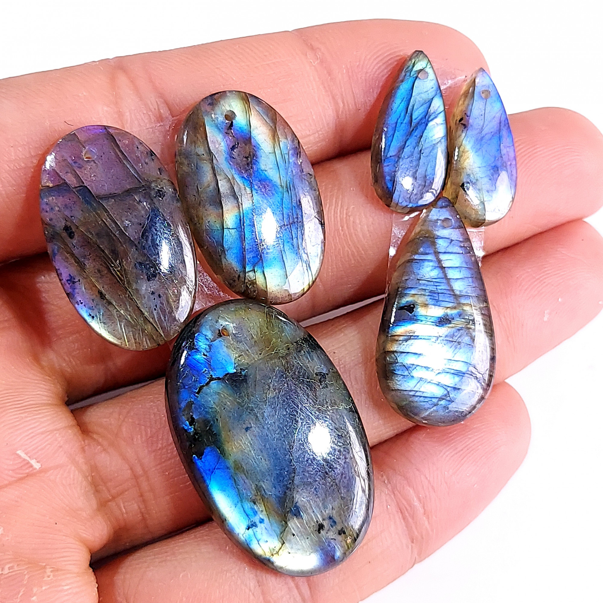 2 Sets 101 Cts Natural Multi Flash Labradorite 3 Pcs Set Front Drill For Earring and Pendant Making Gift For Women Silver Jewelry 15155