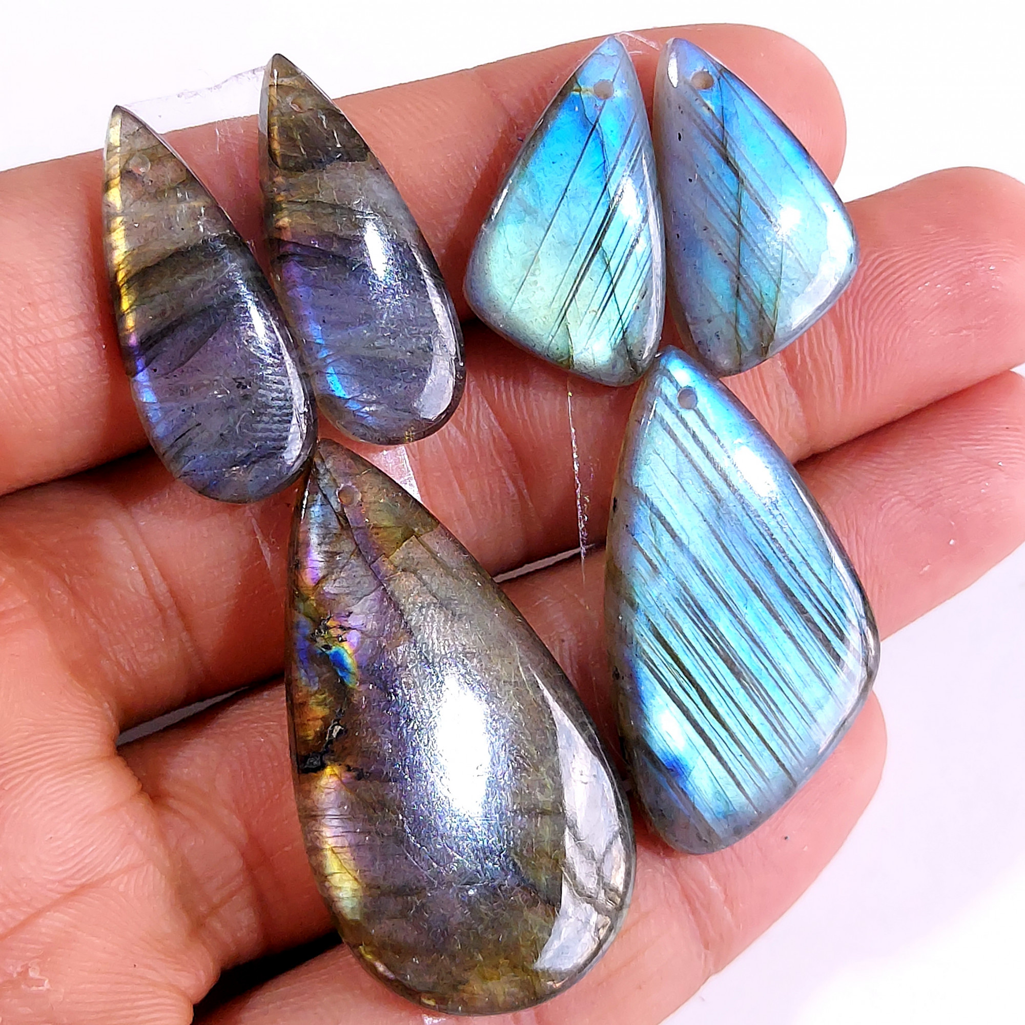 2 Sets 115 Cts Natural Multi Flash Labradorite 3 Pcs Set Front Drill For Earring and Pendant Making Gift For Women Silver Jewelry 15156
