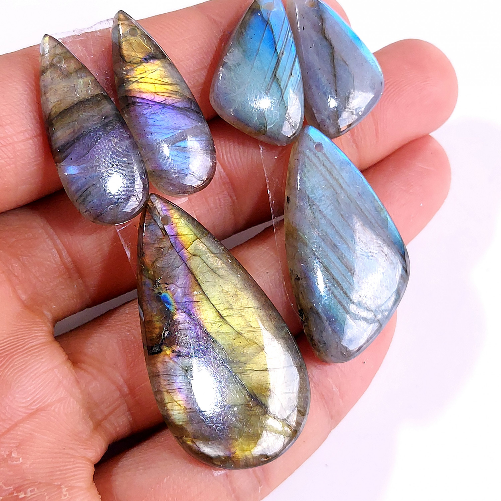 2 Sets 115 Cts Natural Multi Flash Labradorite 3 Pcs Set Front Drill For Earring and Pendant Making Gift For Women Silver Jewelry 15156