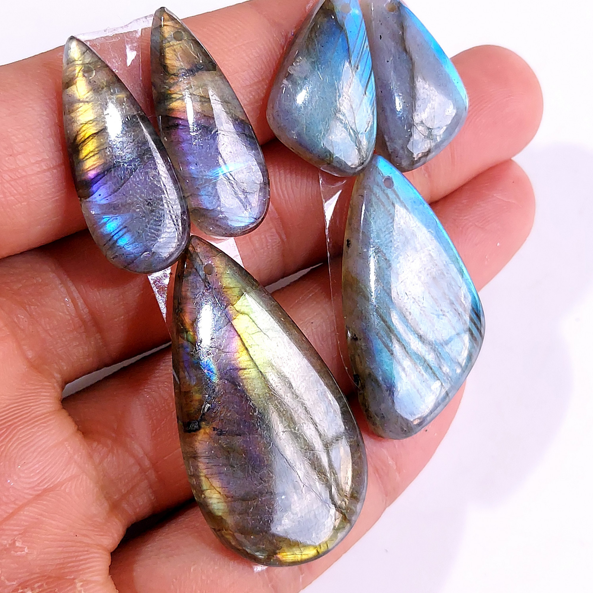 2 Sets 115 Cts Natural Multi Flash Labradorite 3 Pcs Set Front Drill For Earring and Pendant Making Gift For Women Silver Jewelry 15156