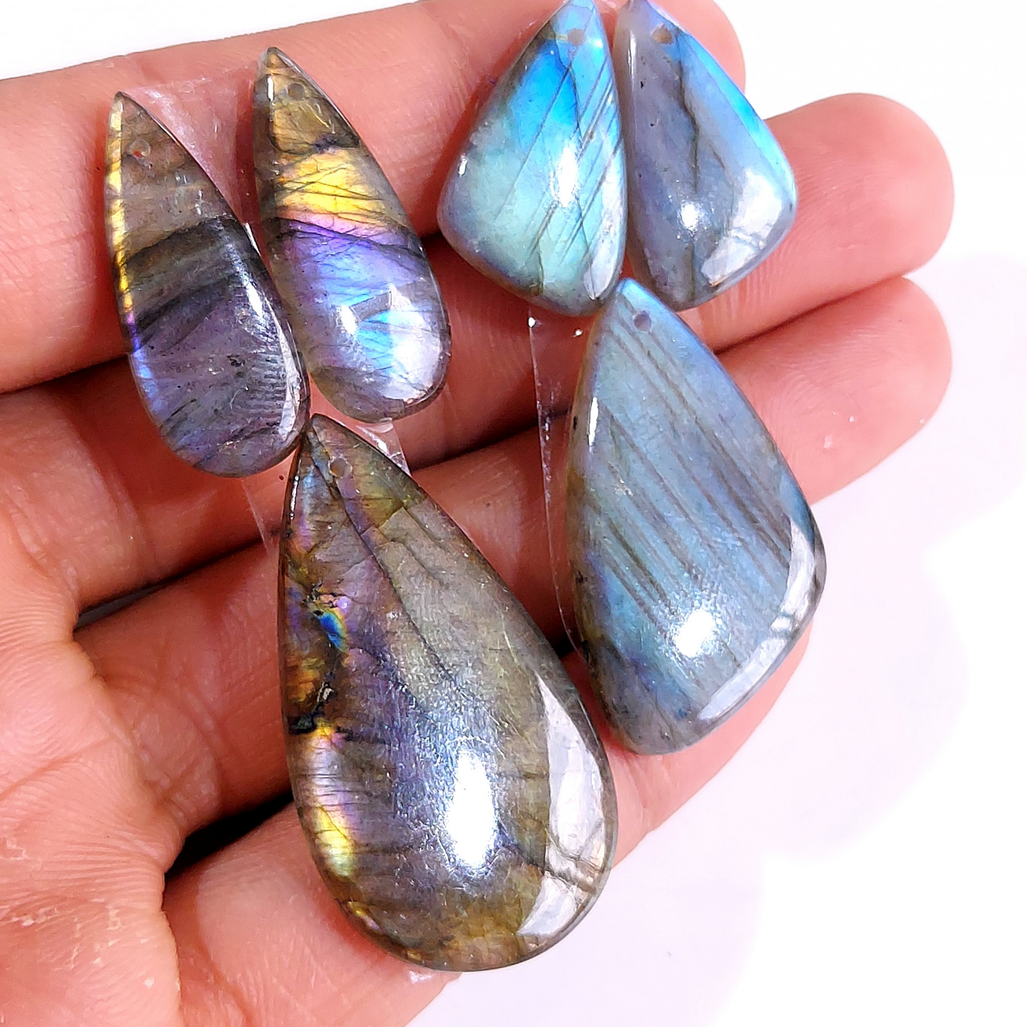 2 Sets 115 Cts Natural Multi Flash Labradorite 3 Pcs Set Front Drill For Earring and Pendant Making Gift For Women Silver Jewelry 15156