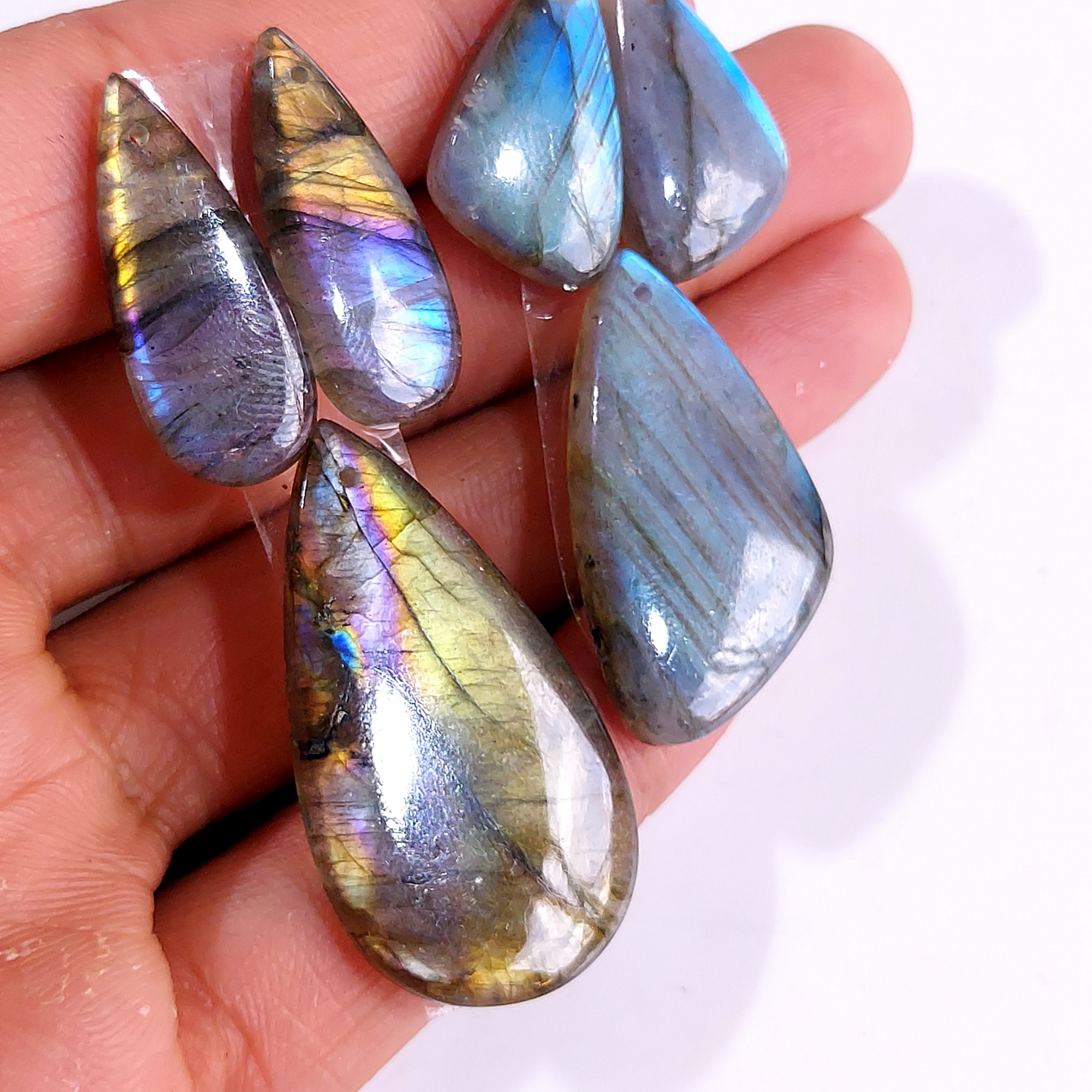 2 Sets 115 Cts Natural Multi Flash Labradorite 3 Pcs Set Front Drill For Earring and Pendant Making Gift For Women Silver Jewelry 15156