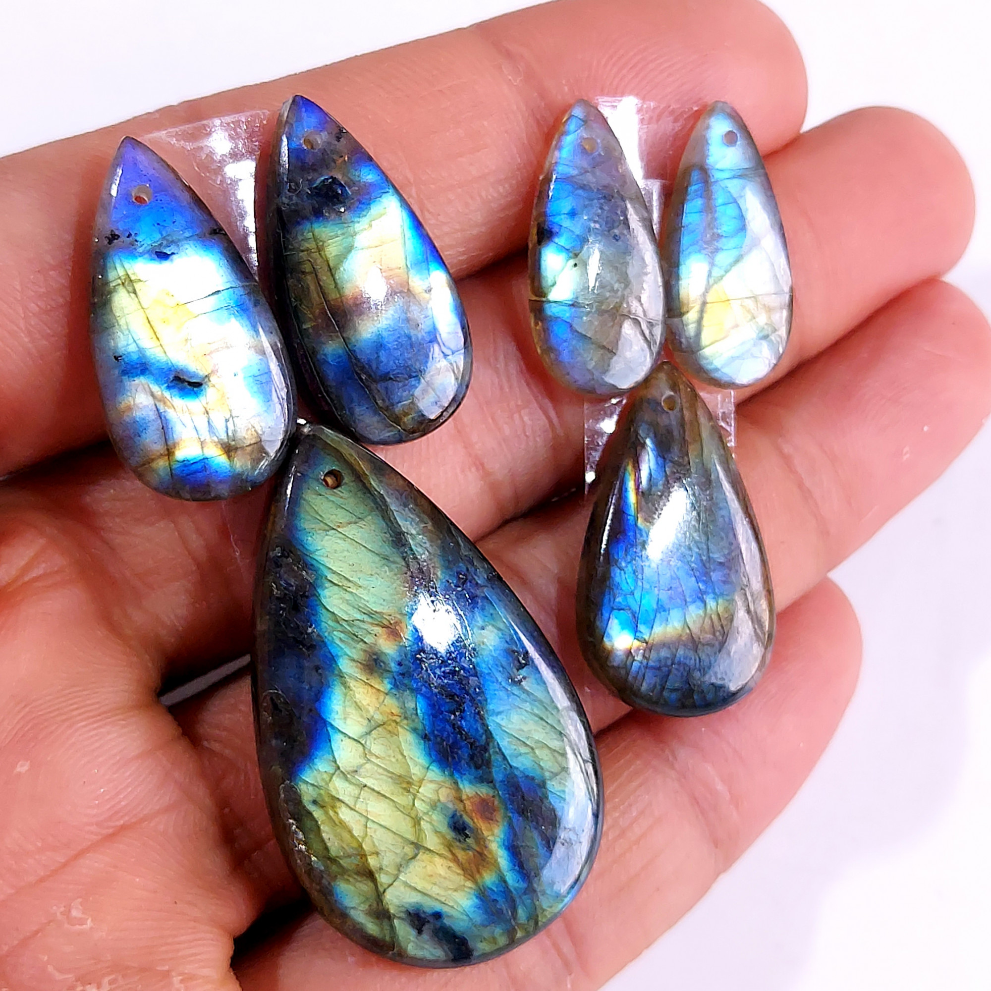 2 Sets 92 Cts Natural Multi Flash Labradorite 3 Pcs Set Front Drill For Earring and Pendant Making Gift For Women Silver Jewelry 15157