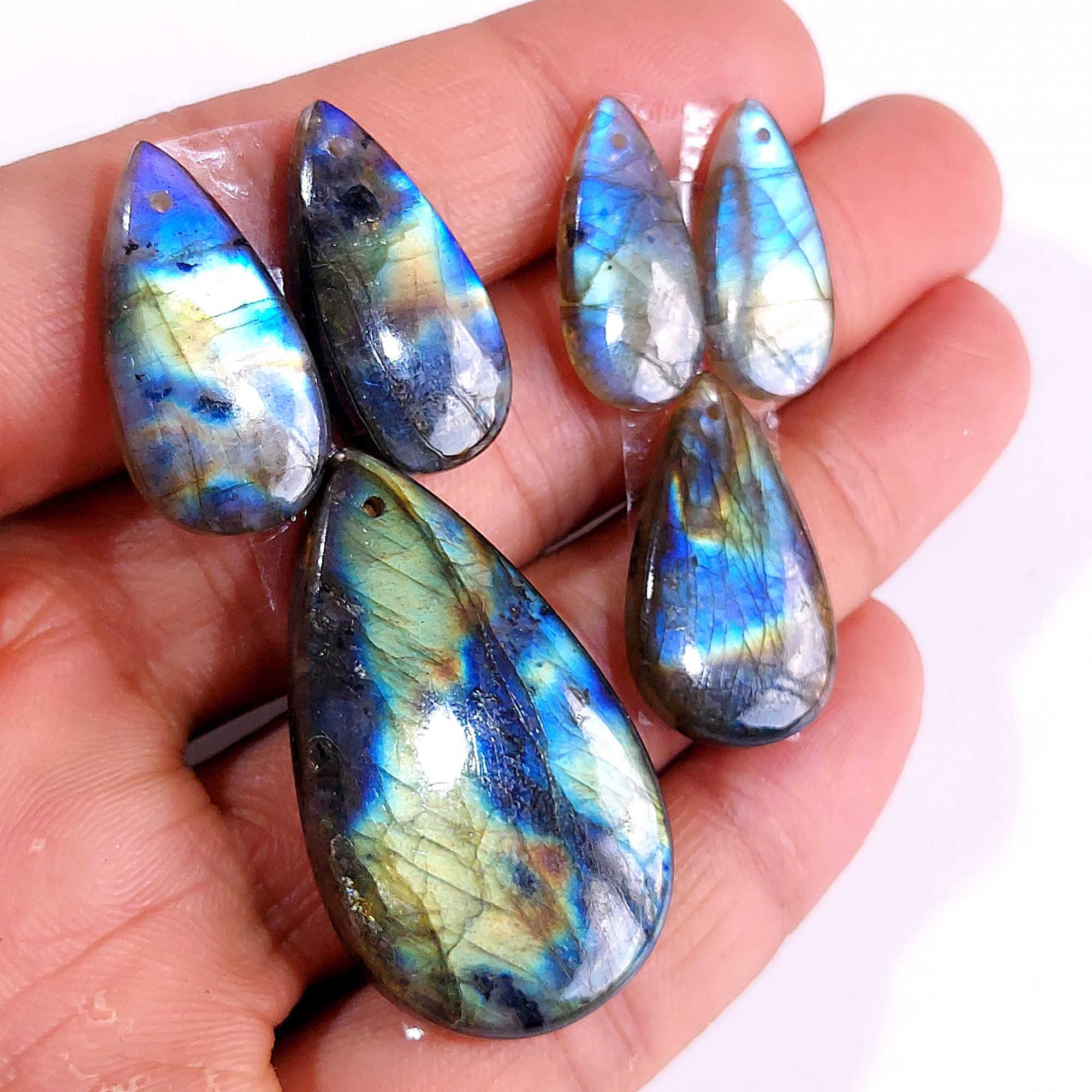2 Sets 92 Cts Natural Multi Flash Labradorite 3 Pcs Set Front Drill For Earring and Pendant Making Gift For Women Silver Jewelry 15157