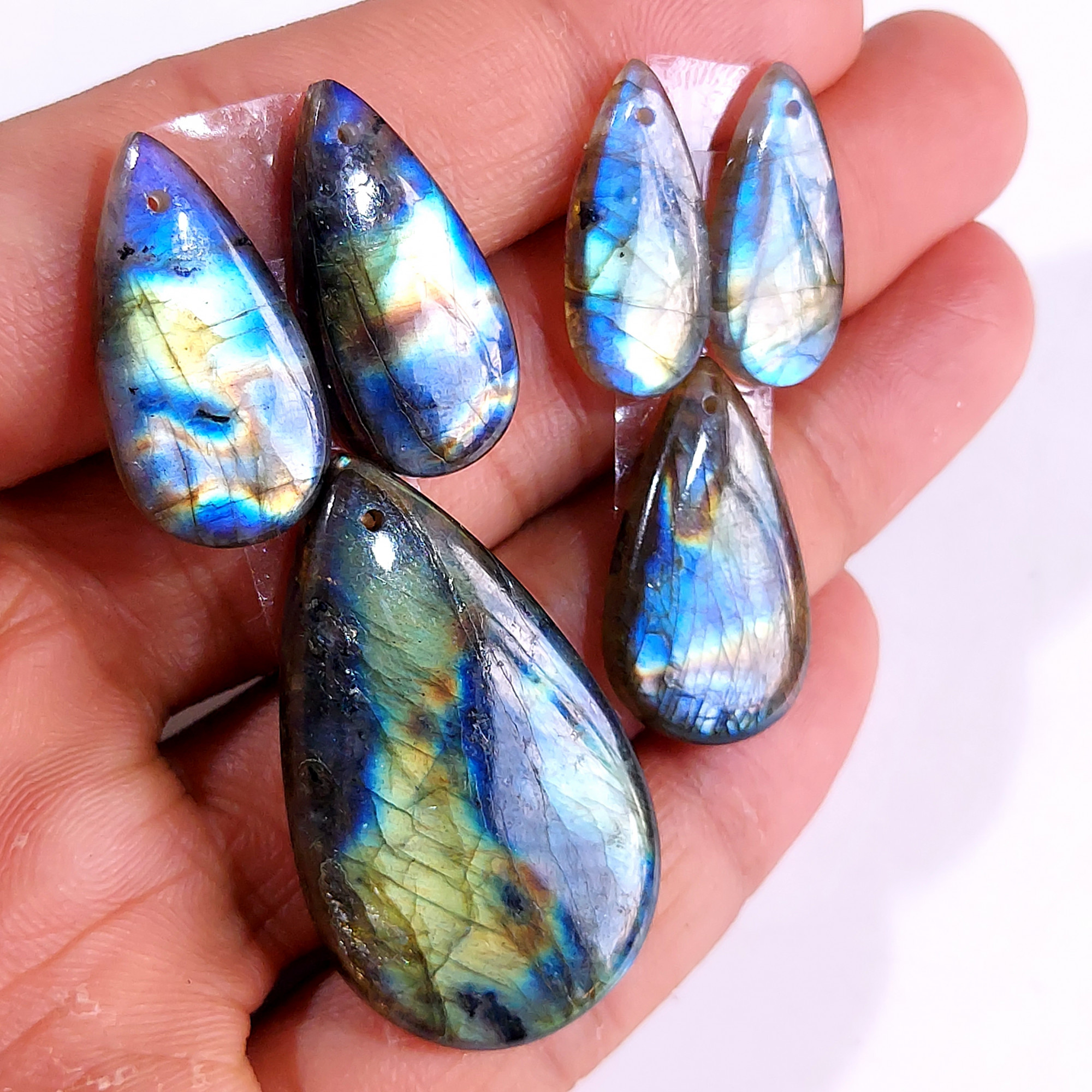 2 Sets 92 Cts Natural Multi Flash Labradorite 3 Pcs Set Front Drill For Earring and Pendant Making Gift For Women Silver Jewelry 15157