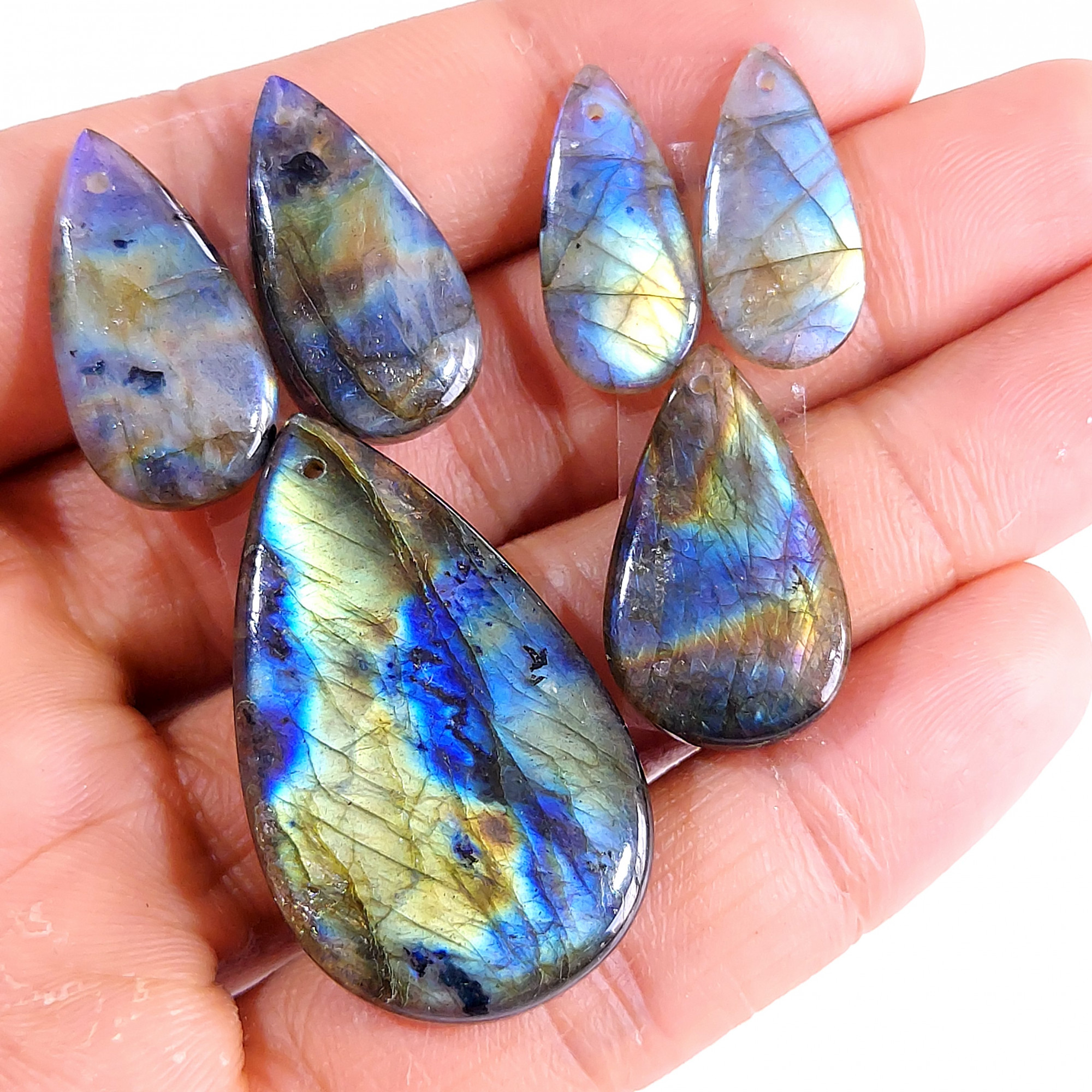 2 Sets 92 Cts Natural Multi Flash Labradorite 3 Pcs Set Front Drill For Earring and Pendant Making Gift For Women Silver Jewelry 15157