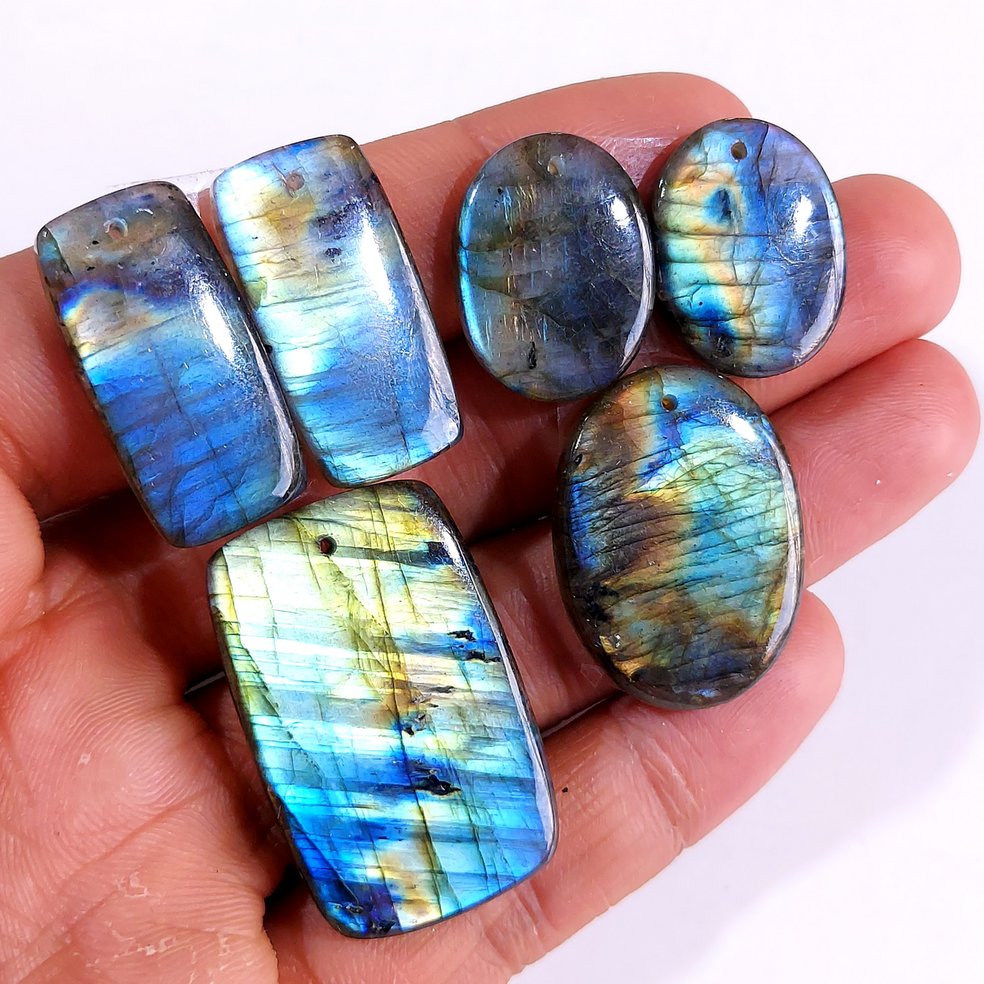 2 Sets 144 Cts Natural Multi Flash Labradorite 3 Pcs Set Front Drill For Earring and Pendant Making Gift For Women Silver Jewelry 15158
