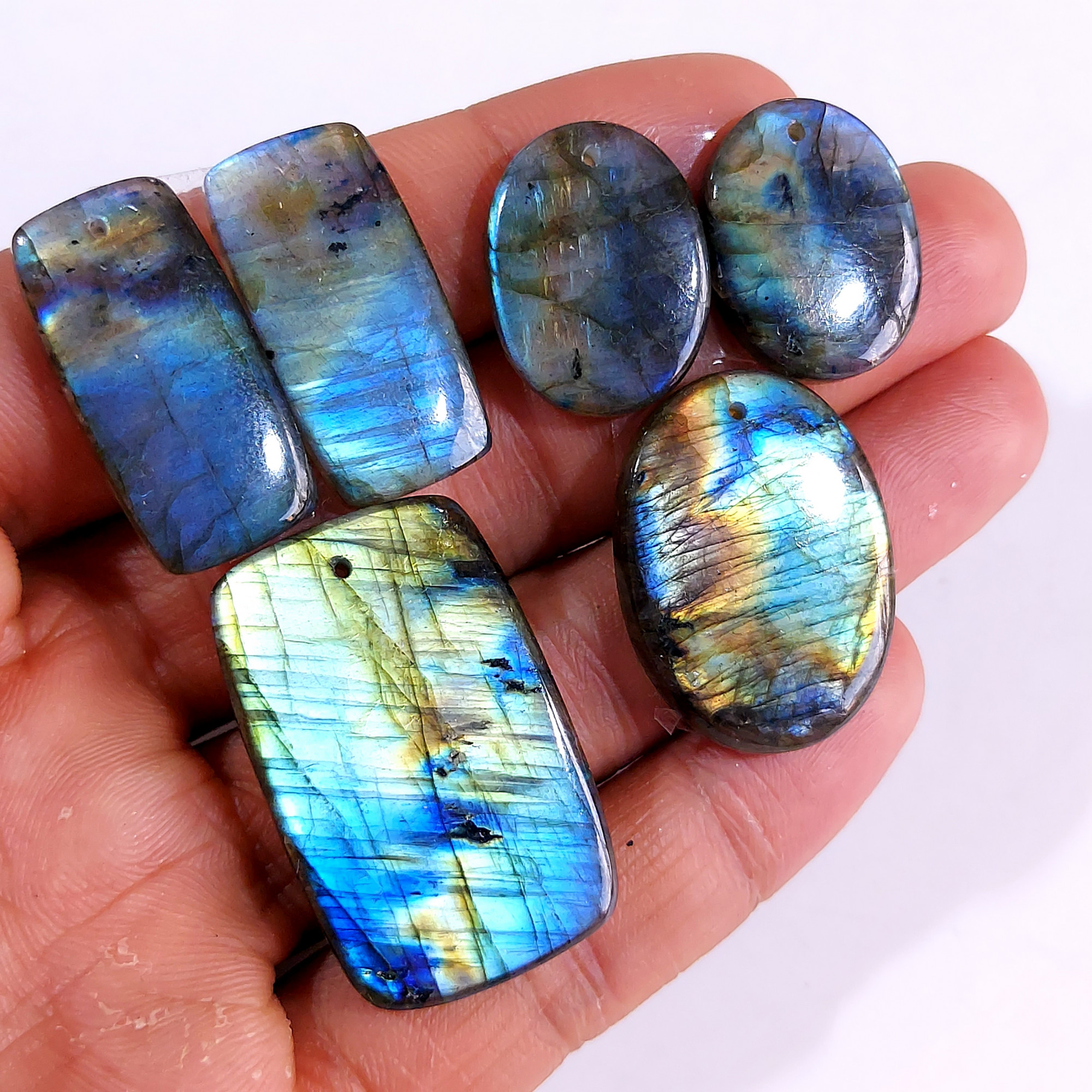 2 Sets 144 Cts Natural Multi Flash Labradorite 3 Pcs Set Front Drill For Earring and Pendant Making Gift For Women Silver Jewelry 15158