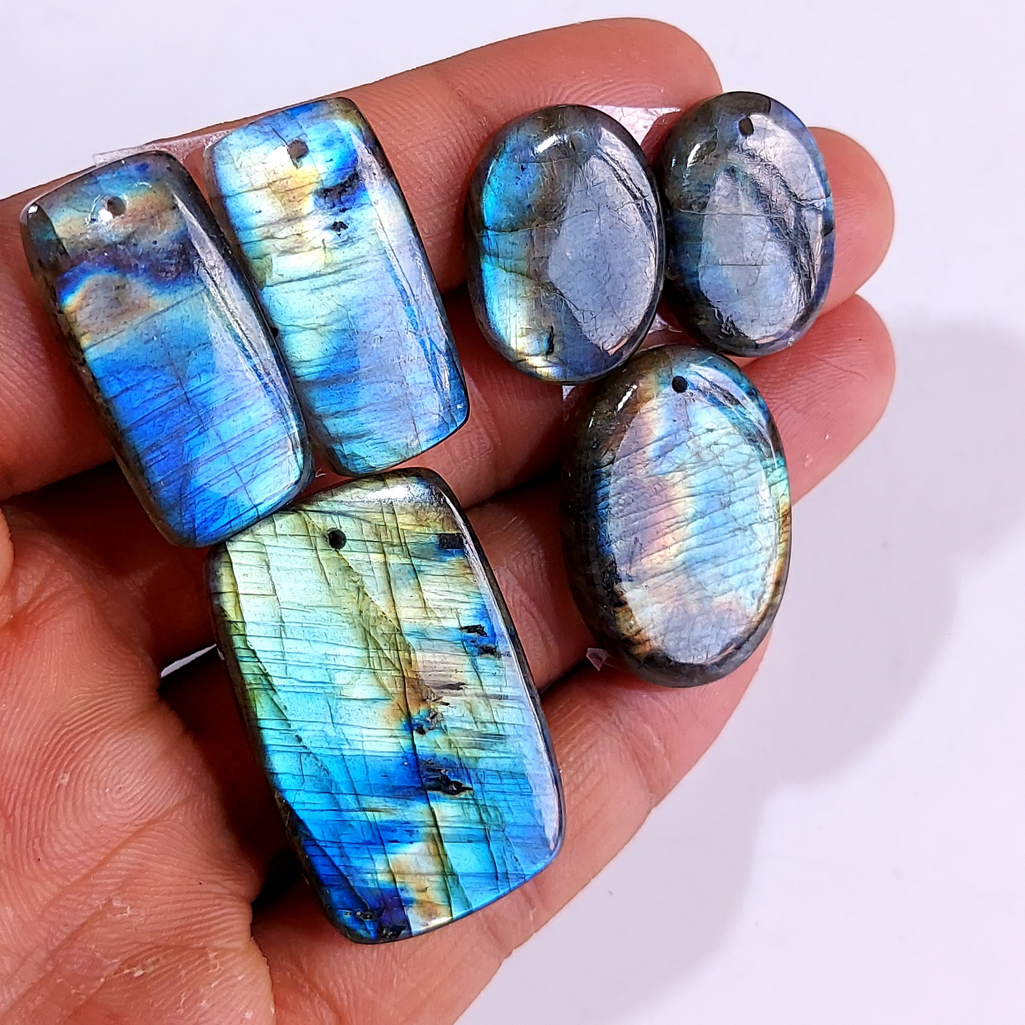 2 Sets 144 Cts Natural Multi Flash Labradorite 3 Pcs Set Front Drill For Earring and Pendant Making Gift For Women Silver Jewelry 15158