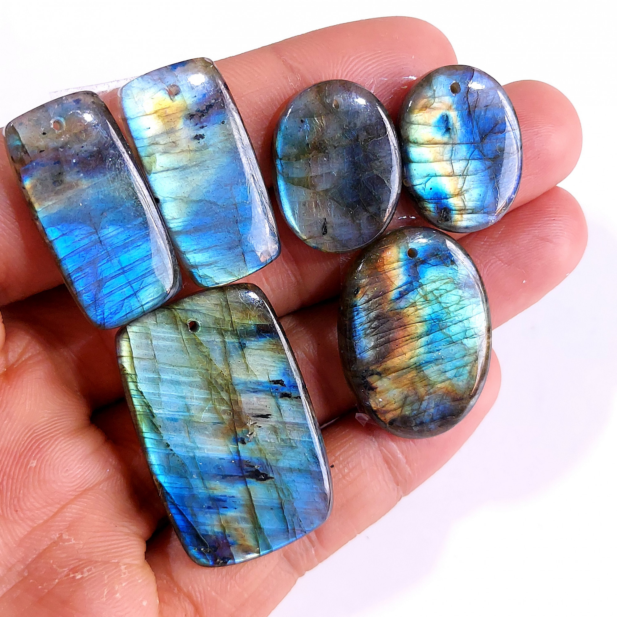 2 Sets 144 Cts Natural Multi Flash Labradorite 3 Pcs Set Front Drill For Earring and Pendant Making Gift For Women Silver Jewelry 15158