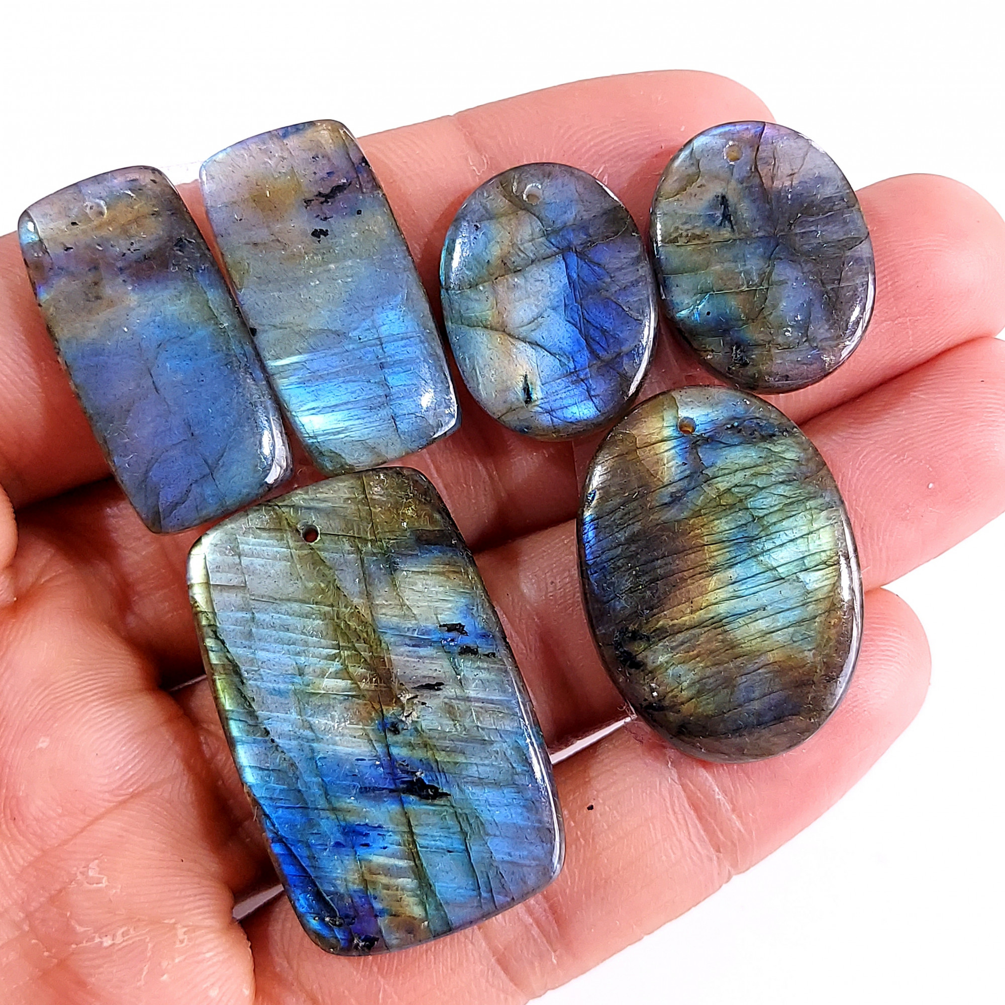 2 Sets 144 Cts Natural Multi Flash Labradorite 3 Pcs Set Front Drill For Earring and Pendant Making Gift For Women Silver Jewelry 15158