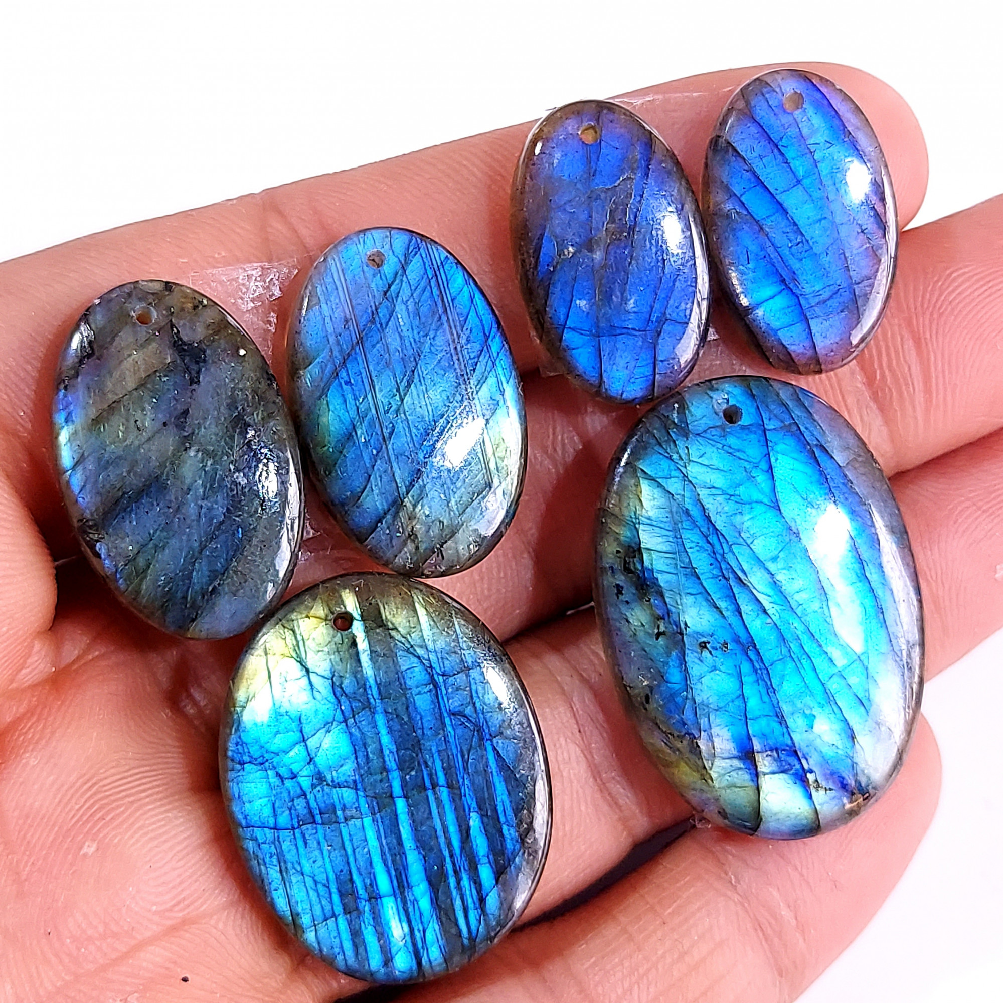 2 Sets 126 Cts Natural Multi Flash Labradorite 3 Pcs Set Front Drill For Earring and Pendant Making Gift For Women Silver Jewelry 15159