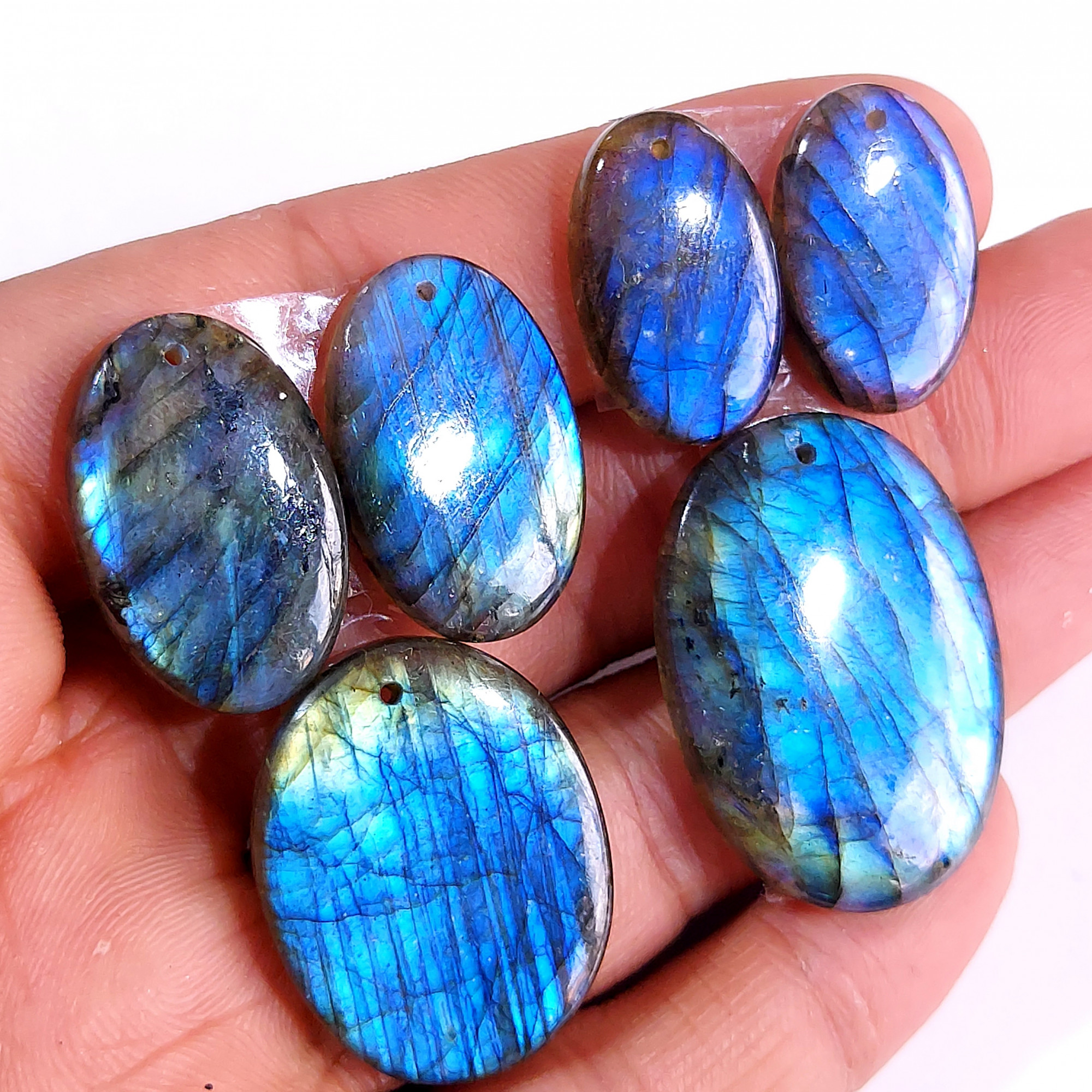 2 Sets 126 Cts Natural Multi Flash Labradorite 3 Pcs Set Front Drill For Earring and Pendant Making Gift For Women Silver Jewelry 15159