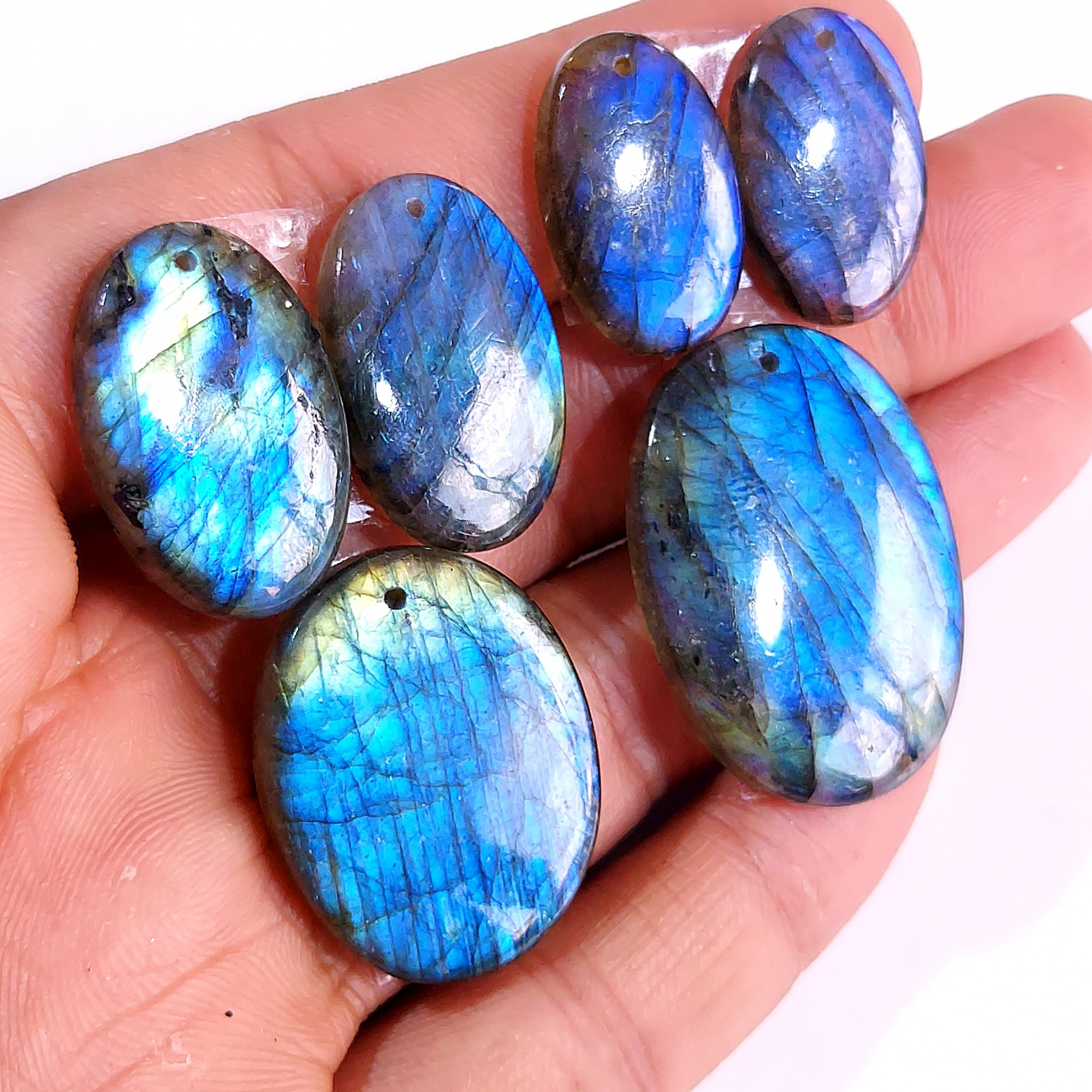 2 Sets 126 Cts Natural Multi Flash Labradorite 3 Pcs Set Front Drill For Earring and Pendant Making Gift For Women Silver Jewelry 15159