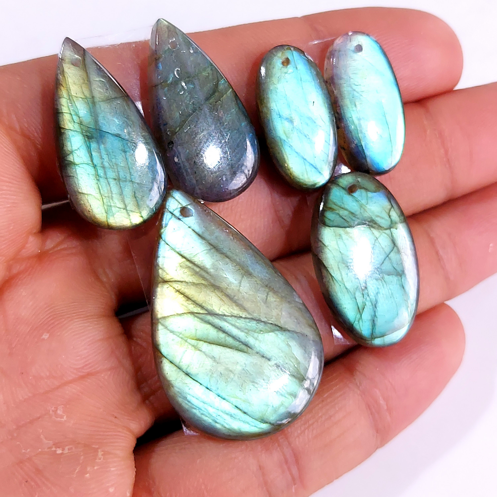 2 Sets 108 Cts Natural Multi Flash Labradorite 3 Pcs Set Front Drill For Earring and Pendant Making Gift For Women Silver Jewelry 15160