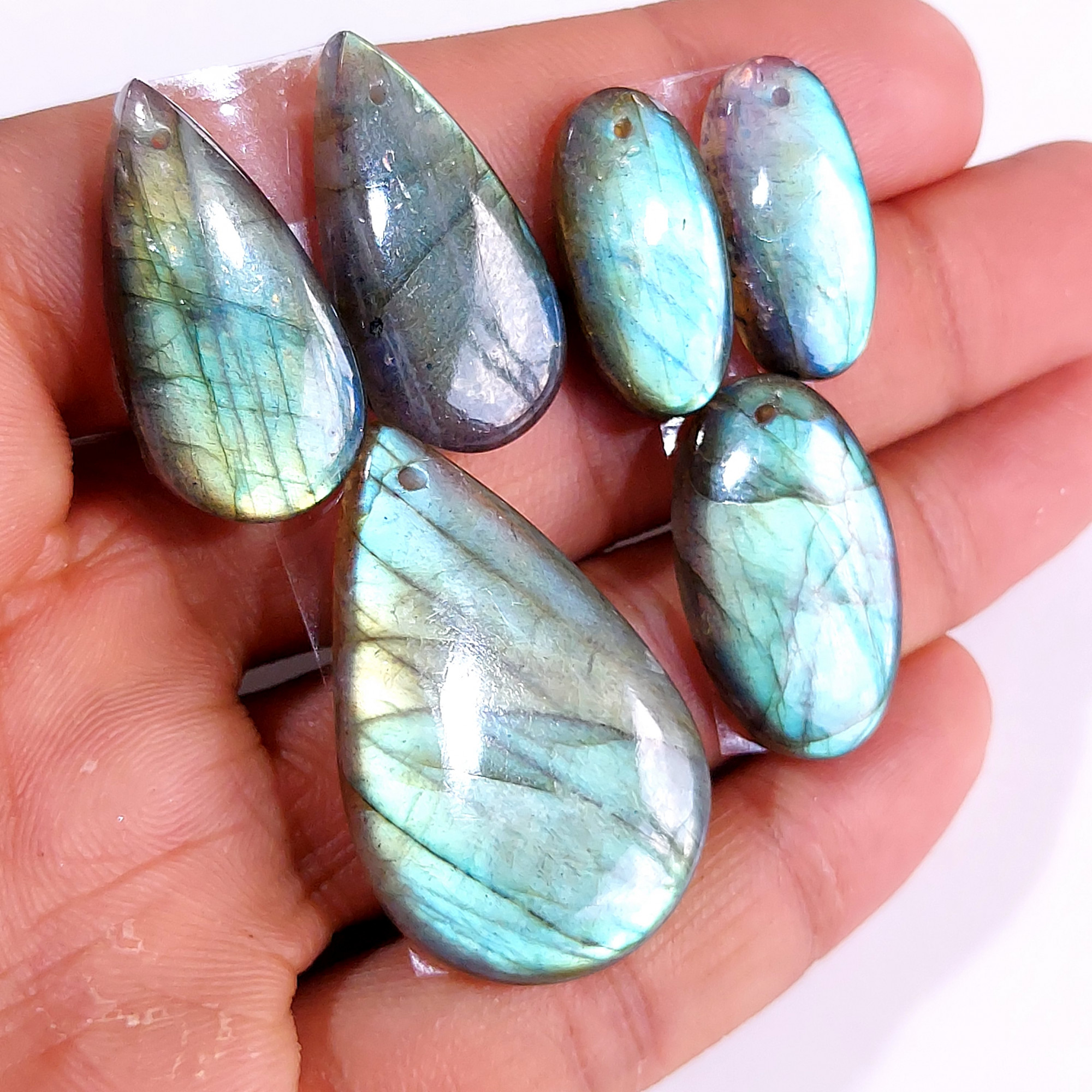 2 Sets 108 Cts Natural Multi Flash Labradorite 3 Pcs Set Front Drill For Earring and Pendant Making Gift For Women Silver Jewelry 15160