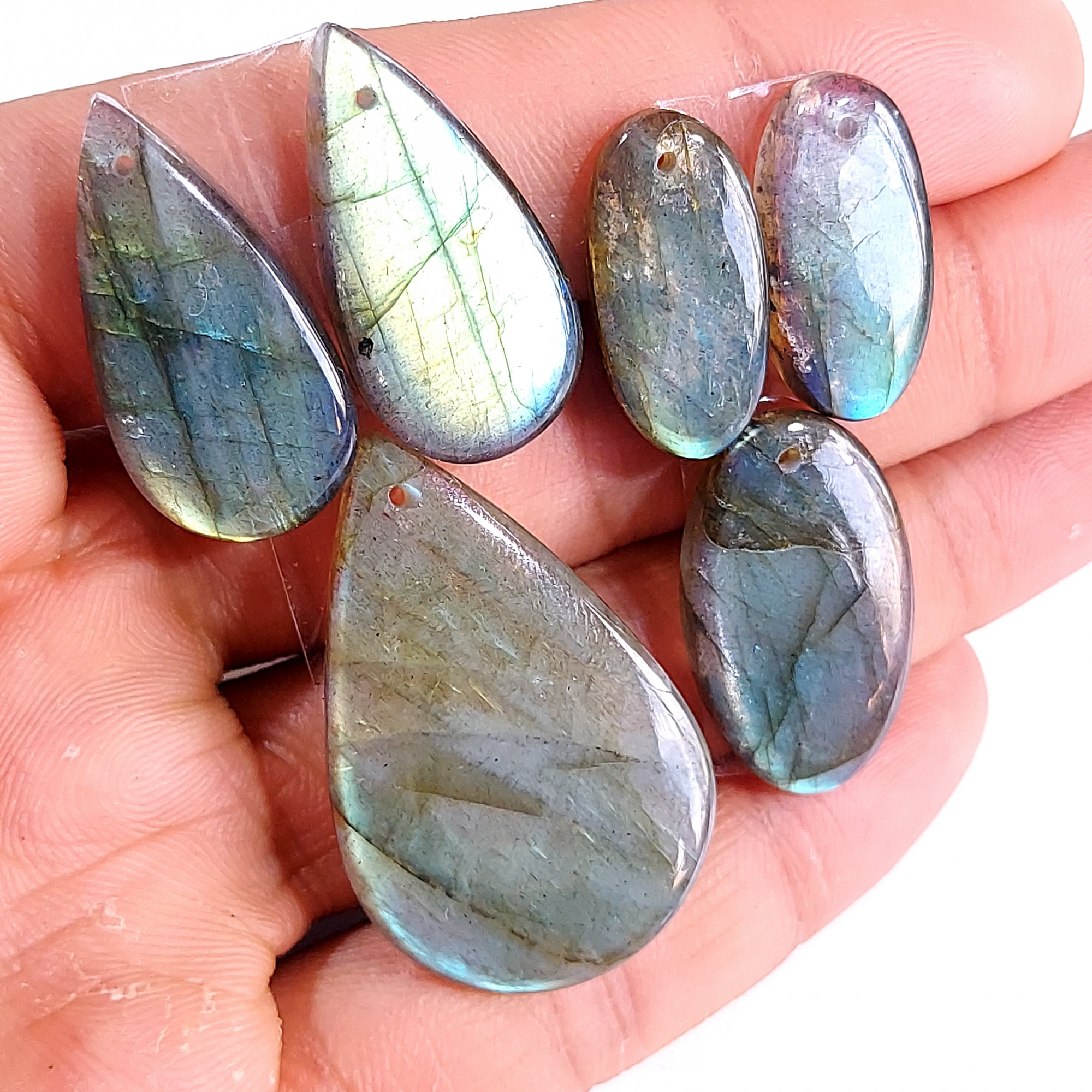 2 Sets 108 Cts Natural Multi Flash Labradorite 3 Pcs Set Front Drill For Earring and Pendant Making Gift For Women Silver Jewelry 15160