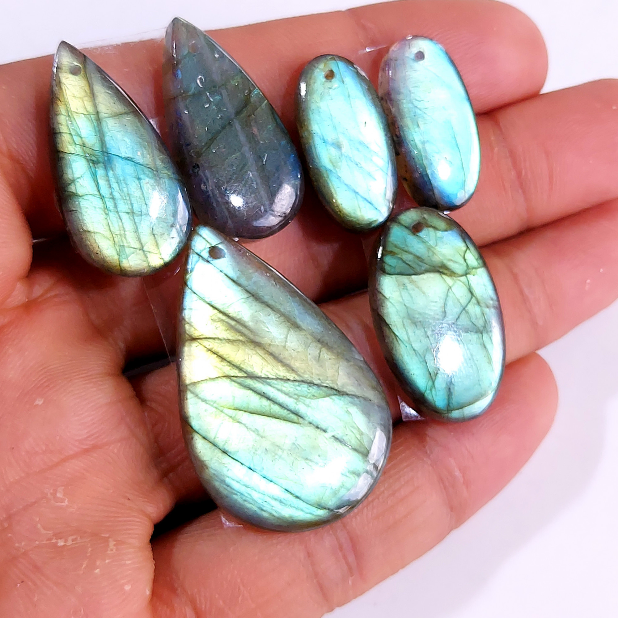2 Sets 108 Cts Natural Multi Flash Labradorite 3 Pcs Set Front Drill For Earring and Pendant Making Gift For Women Silver Jewelry 15160