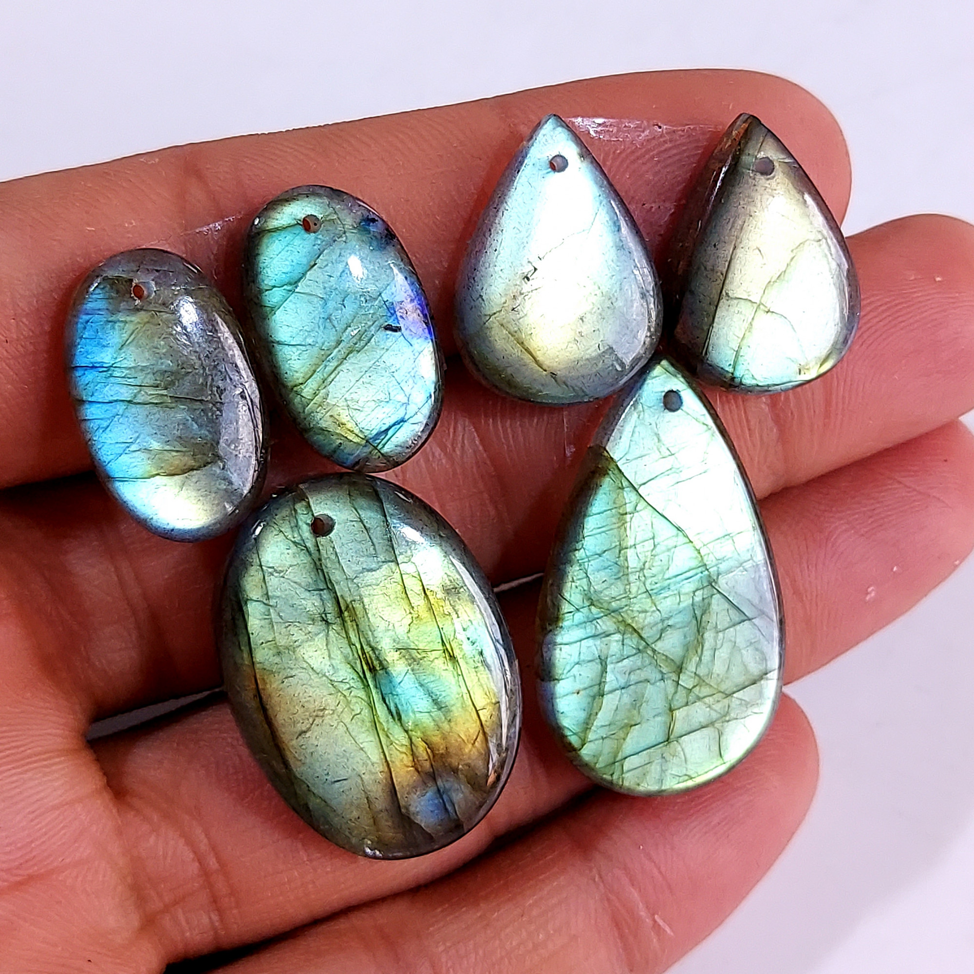 2 Sets 99 Cts Natural Multi Flash Labradorite 3 Pcs Set Front Drill For Earring and Pendant Making Gift For Women Silver Jewelry 15161