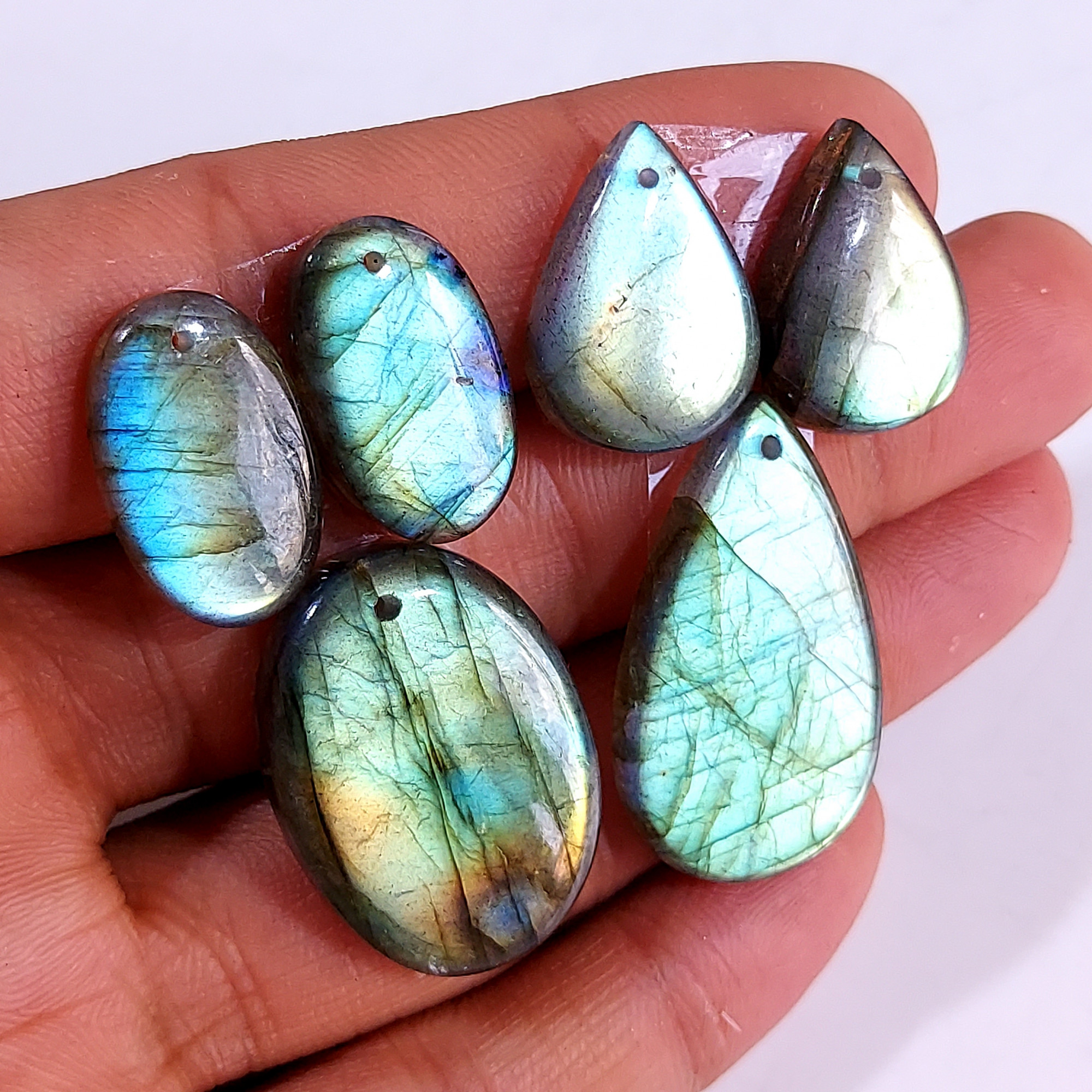 2 Sets 99 Cts Natural Multi Flash Labradorite 3 Pcs Set Front Drill For Earring and Pendant Making Gift For Women Silver Jewelry 15161