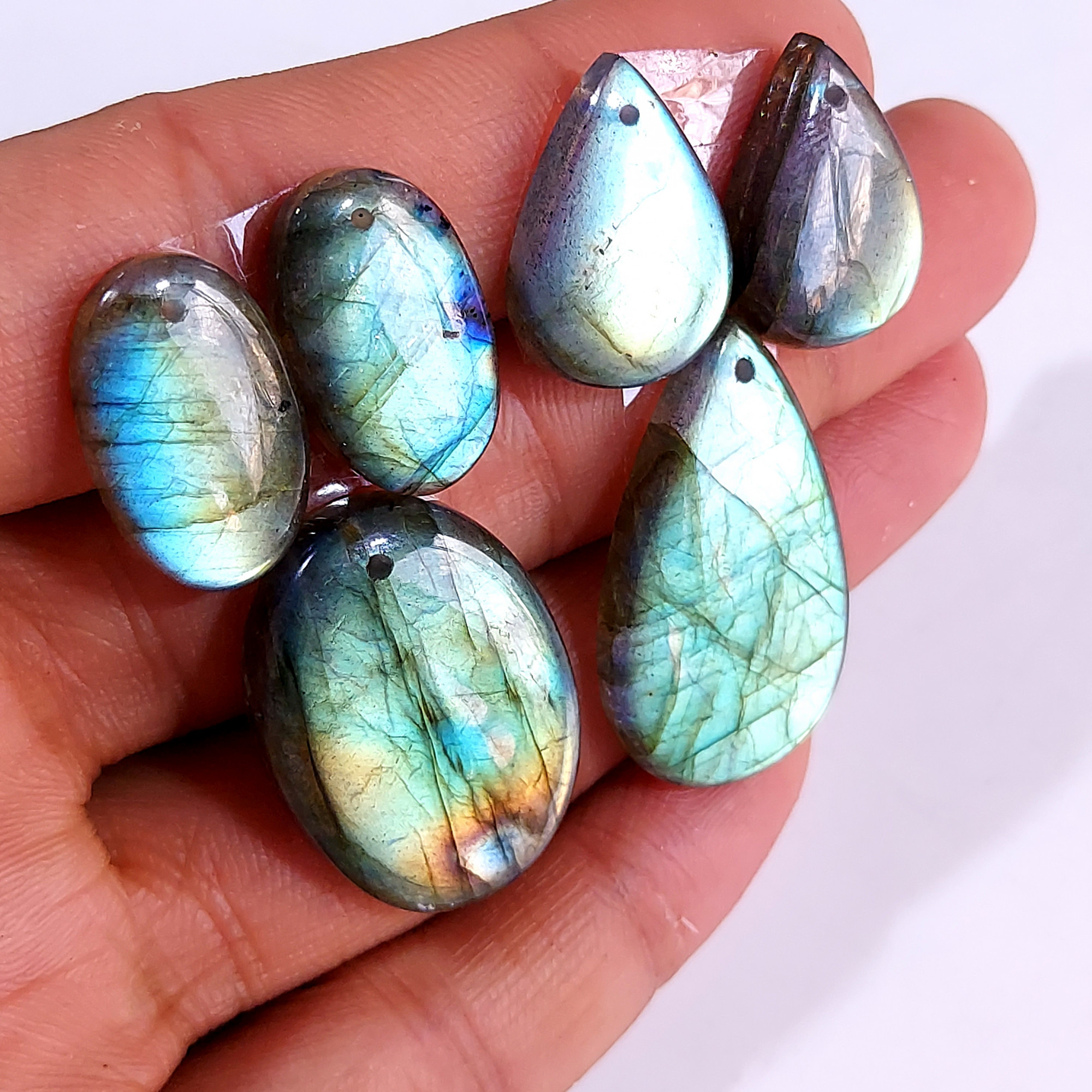 2 Sets 99 Cts Natural Multi Flash Labradorite 3 Pcs Set Front Drill For Earring and Pendant Making Gift For Women Silver Jewelry 15161