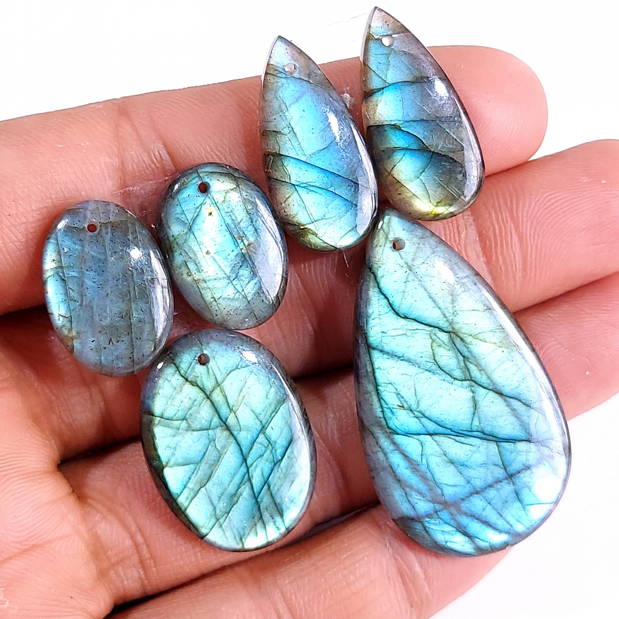 2 Sets 107 Cts Natural Multi Flash Labradorite 3 Pcs Set Front Drill For Earring and Pendant Making Gift For Women Silver Jewelry 15162