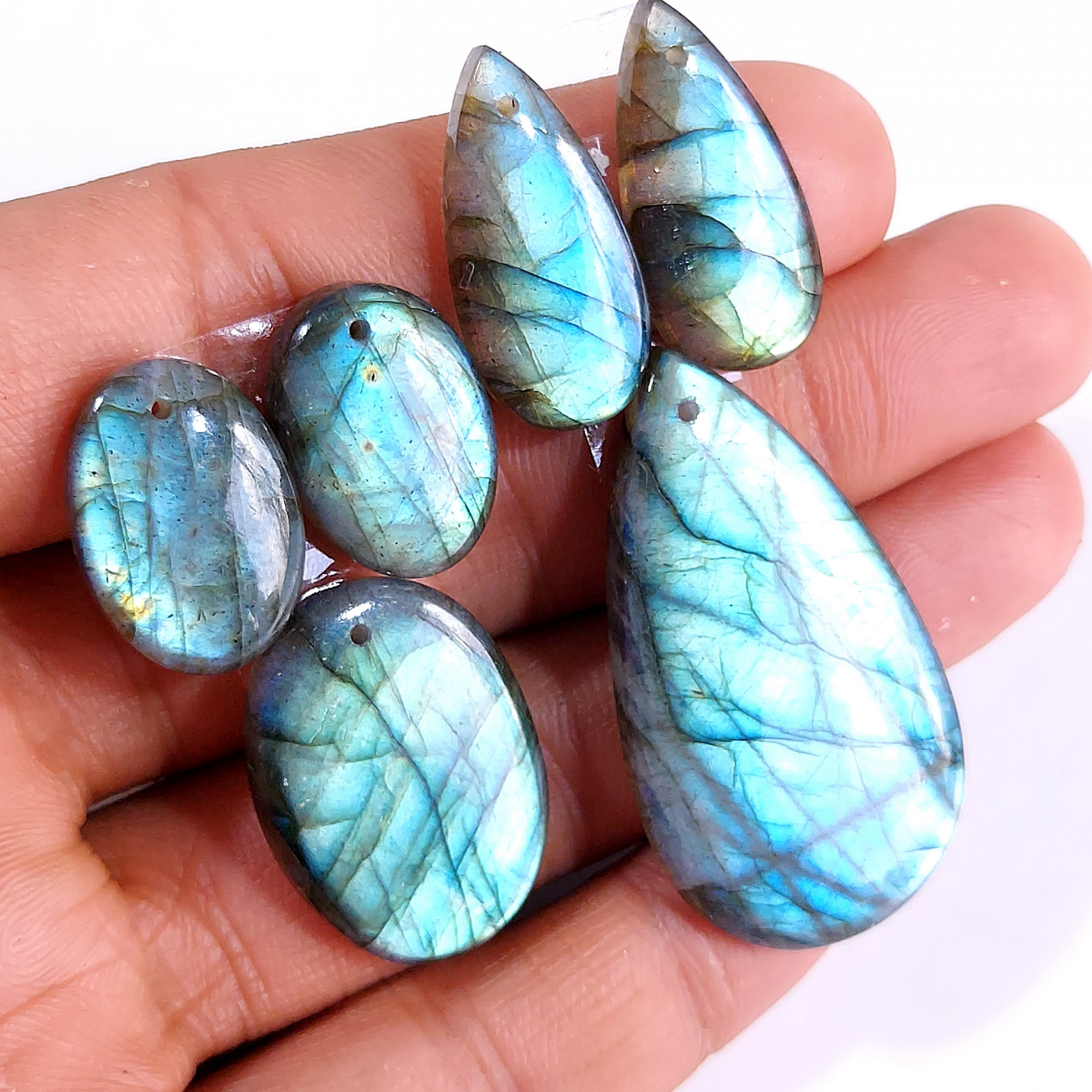 2 Sets 107 Cts Natural Multi Flash Labradorite 3 Pcs Set Front Drill For Earring and Pendant Making Gift For Women Silver Jewelry 15162