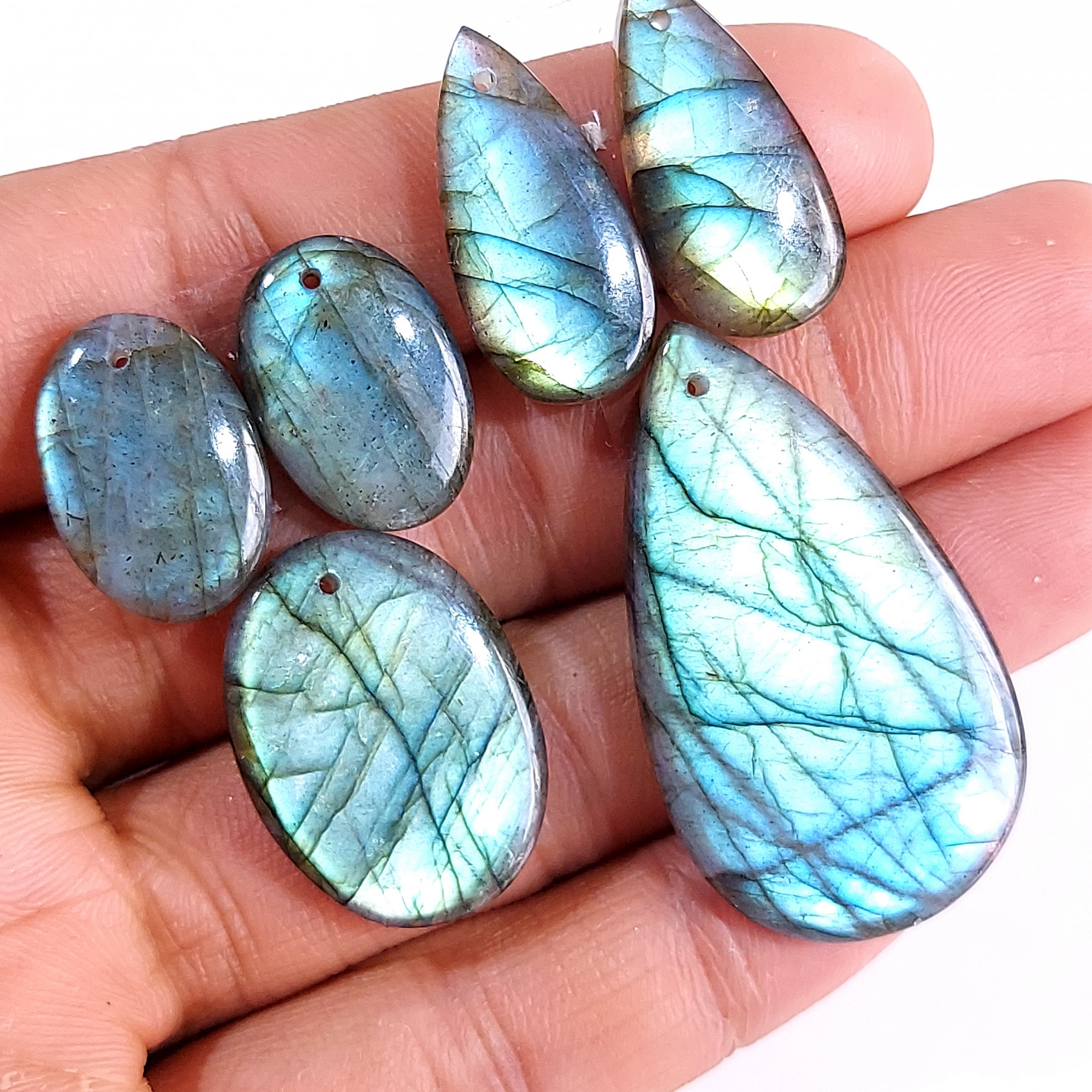 2 Sets 107 Cts Natural Multi Flash Labradorite 3 Pcs Set Front Drill For Earring and Pendant Making Gift For Women Silver Jewelry 15162