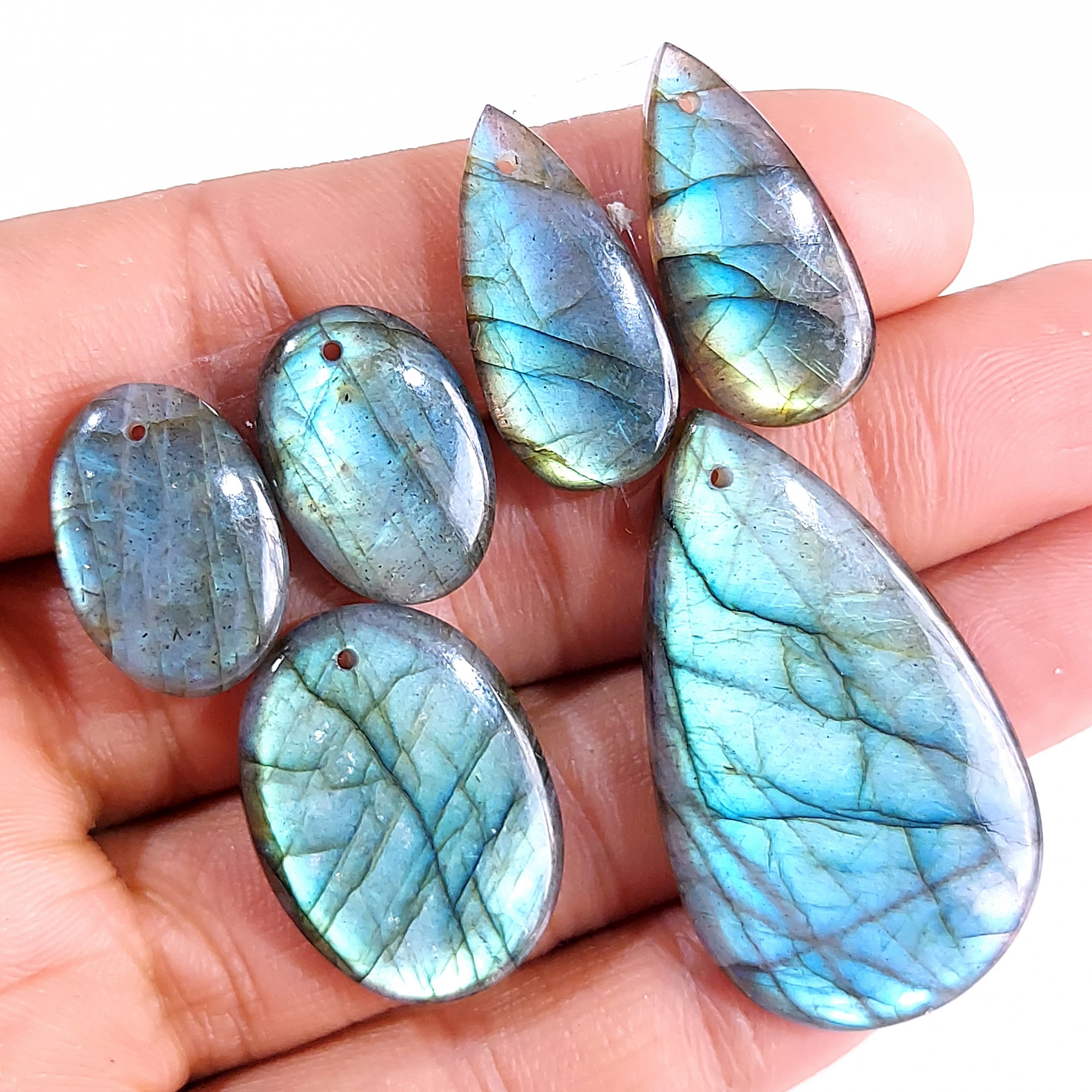 2 Sets 107 Cts Natural Multi Flash Labradorite 3 Pcs Set Front Drill For Earring and Pendant Making Gift For Women Silver Jewelry 15162