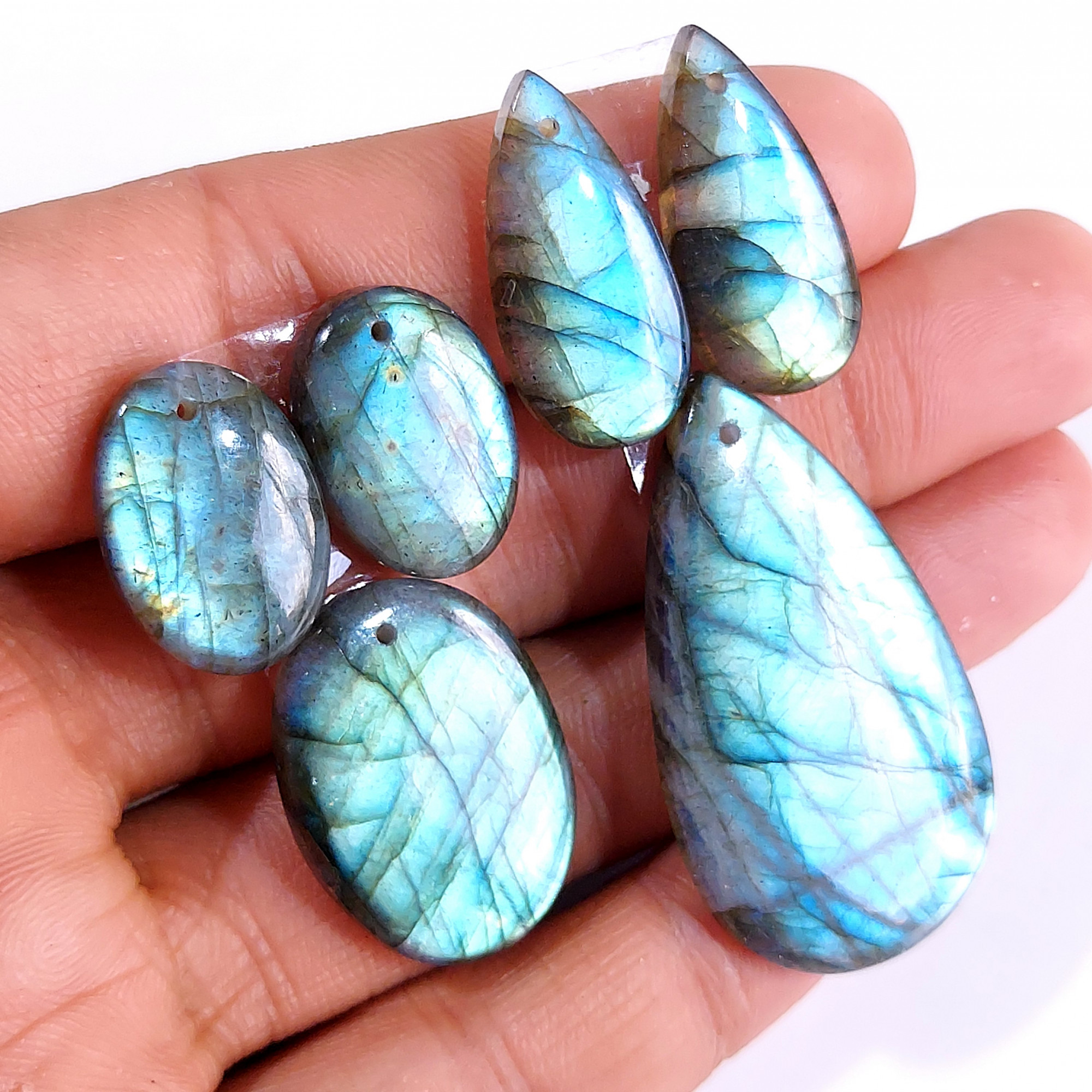 2 Sets 107 Cts Natural Multi Flash Labradorite 3 Pcs Set Front Drill For Earring and Pendant Making Gift For Women Silver Jewelry 15162