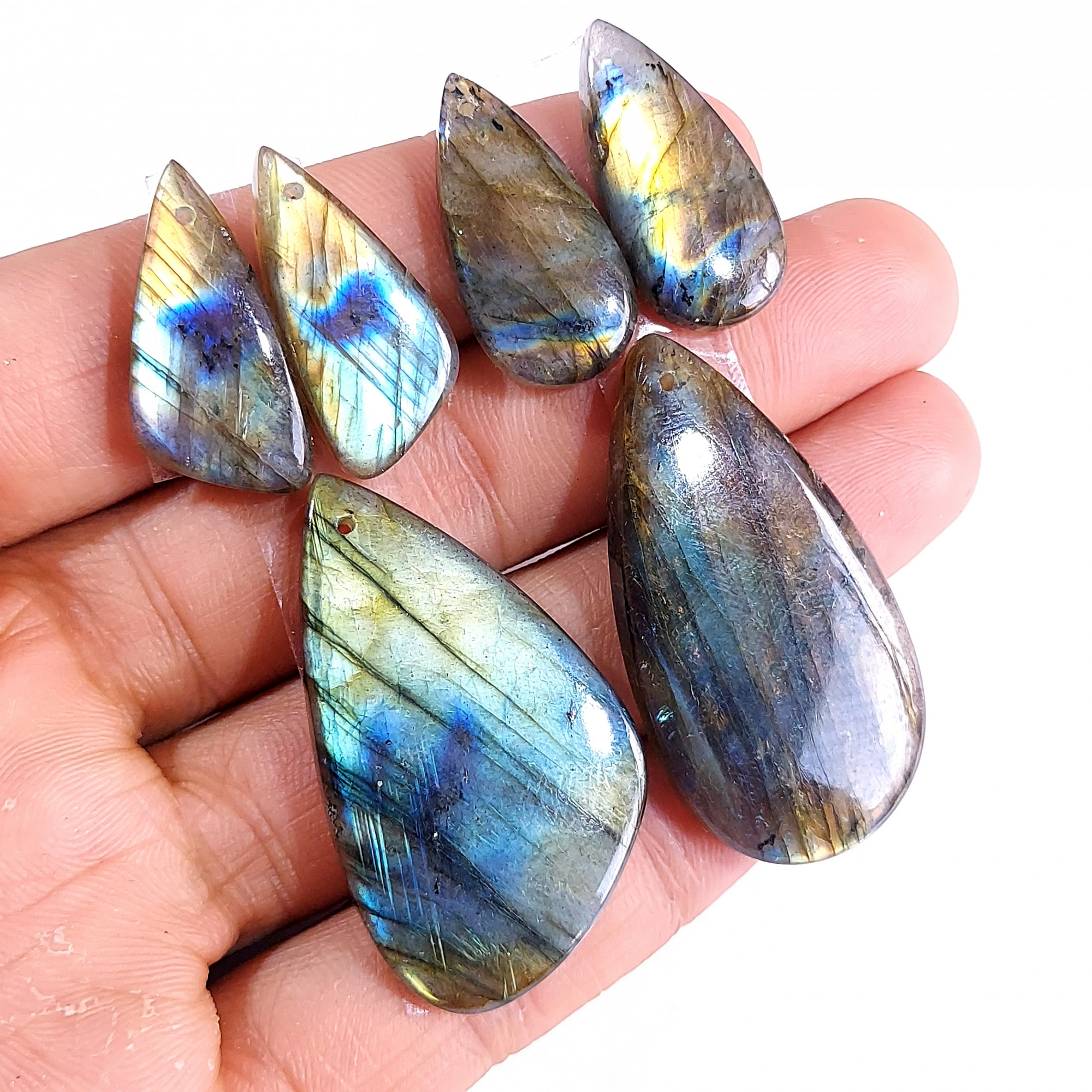2 Sets 148 Cts Natural Multi Flash Labradorite 3 Pcs Set Front Drill For Earring and Pendant Making Gift For Women Silver Jewelry 15163
