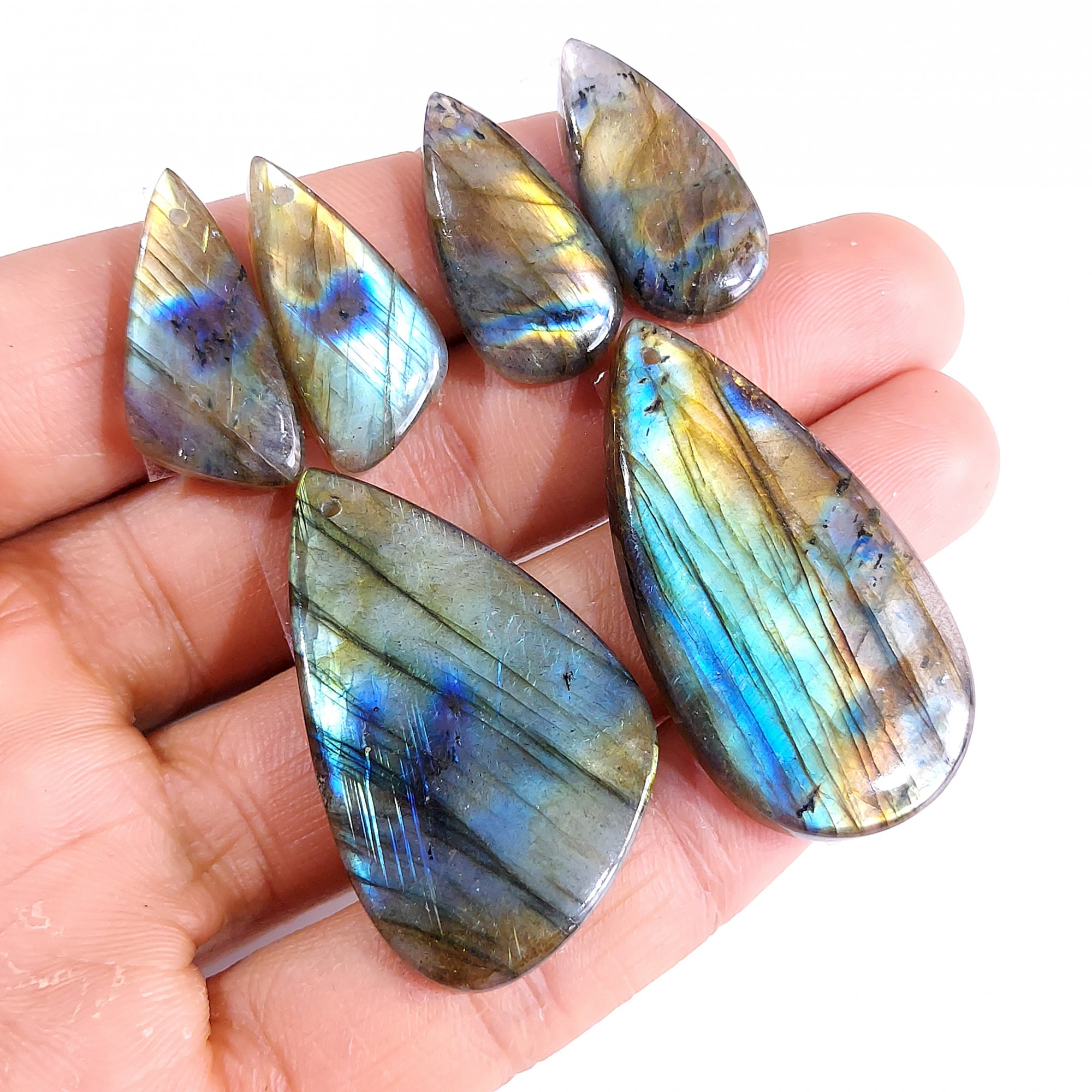 2 Sets 148 Cts Natural Multi Flash Labradorite 3 Pcs Set Front Drill For Earring and Pendant Making Gift For Women Silver Jewelry 15163