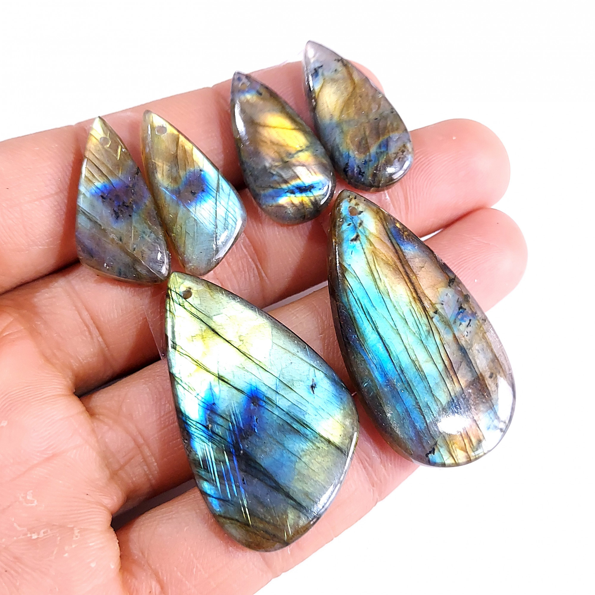2 Sets 148 Cts Natural Multi Flash Labradorite 3 Pcs Set Front Drill For Earring and Pendant Making Gift For Women Silver Jewelry 15163