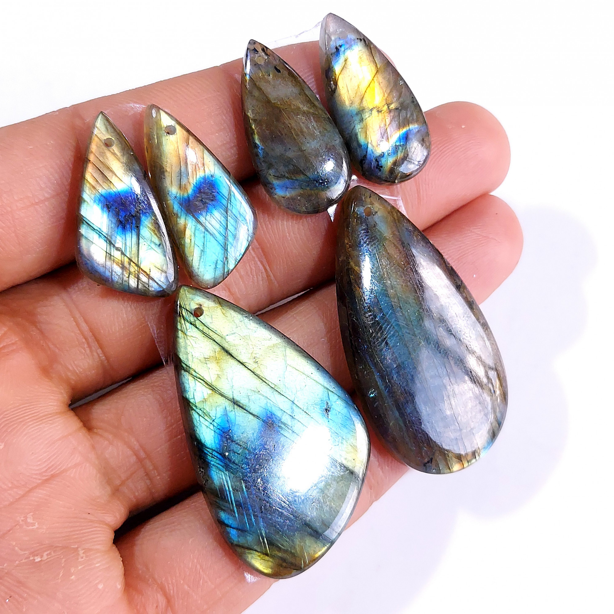 2 Sets 148 Cts Natural Multi Flash Labradorite 3 Pcs Set Front Drill For Earring and Pendant Making Gift For Women Silver Jewelry 15163