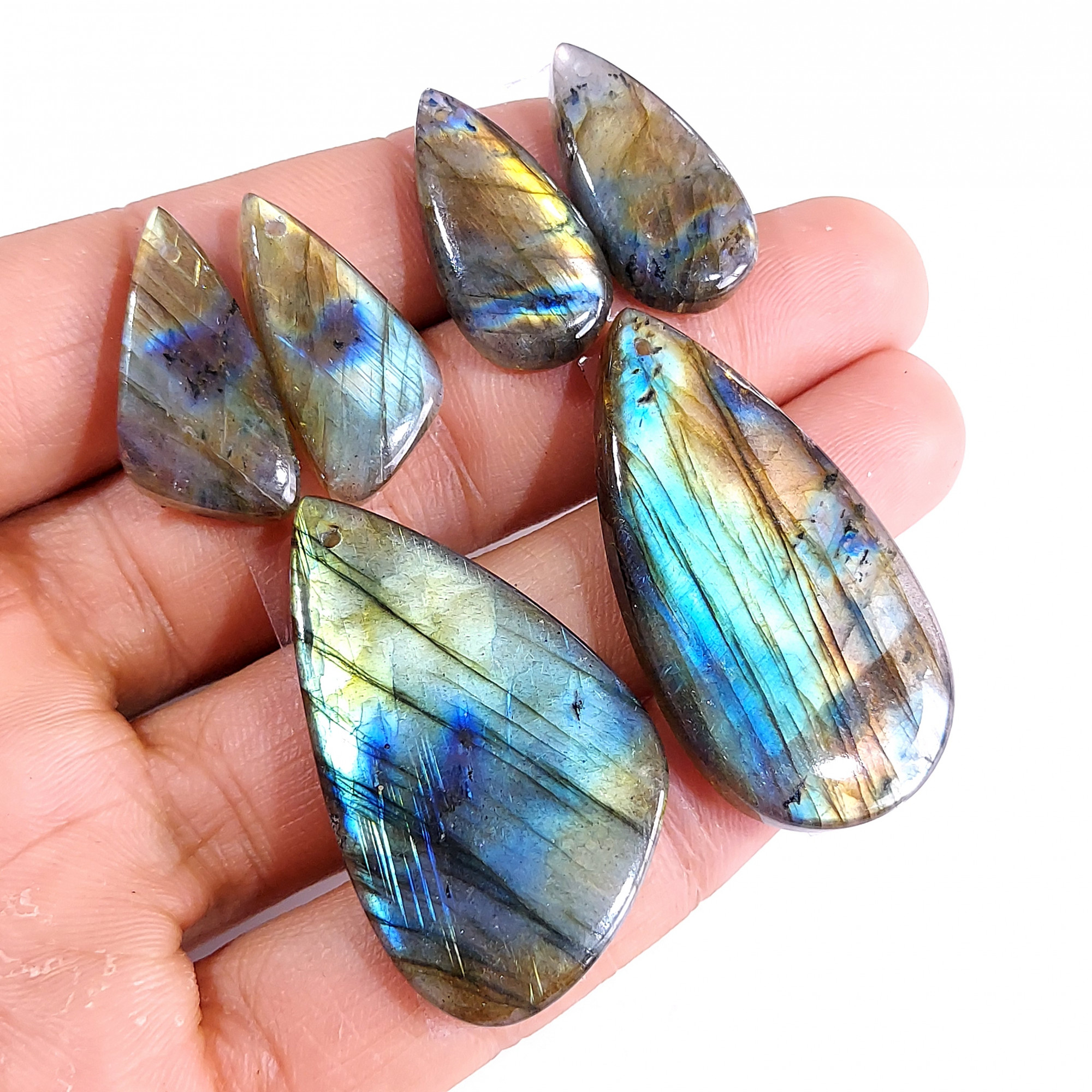2 Sets 148 Cts Natural Multi Flash Labradorite 3 Pcs Set Front Drill For Earring and Pendant Making Gift For Women Silver Jewelry 15163