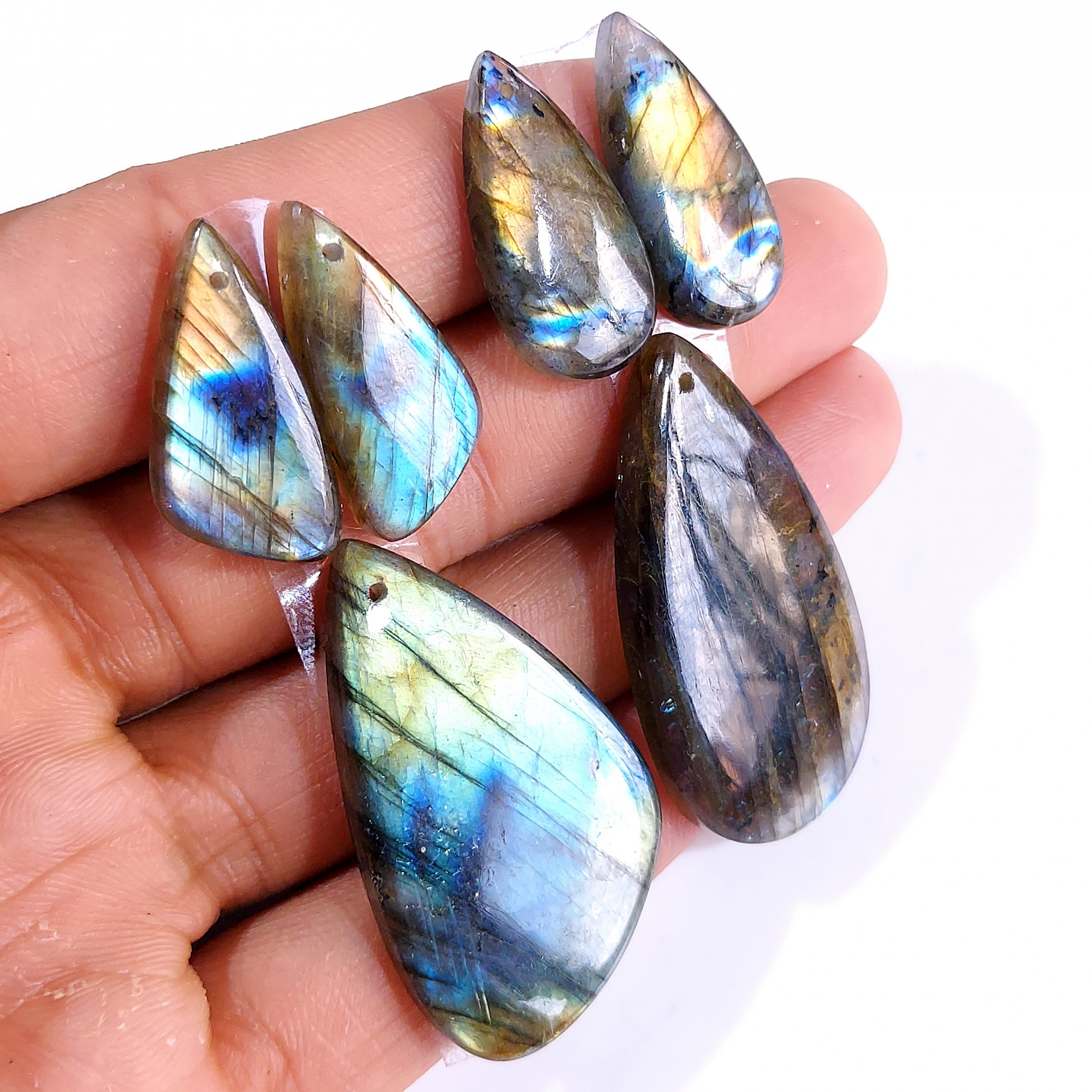 2 Sets 148 Cts Natural Multi Flash Labradorite 3 Pcs Set Front Drill For Earring and Pendant Making Gift For Women Silver Jewelry 15163