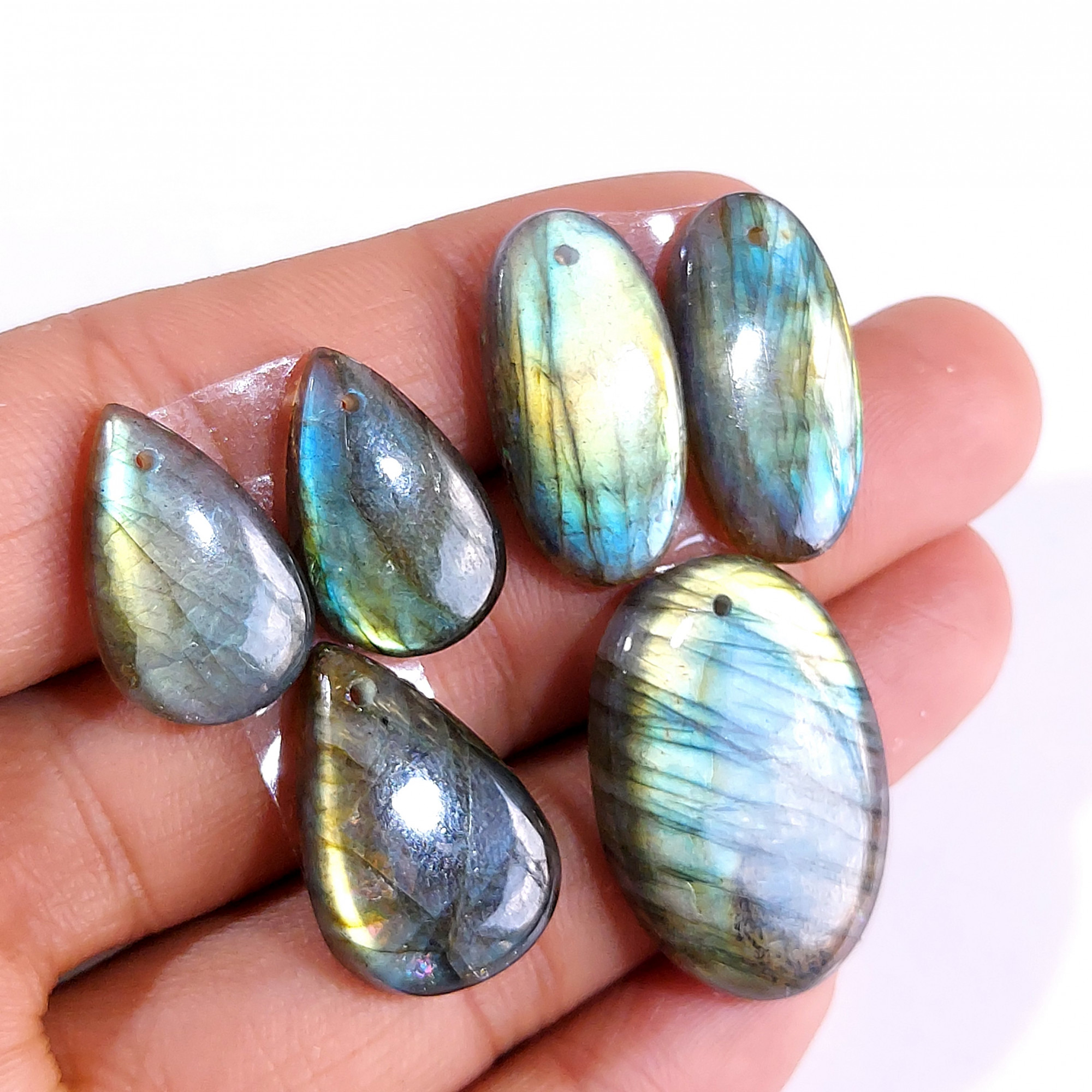 2 Sets 95 Cts Natural Multi Flash Labradorite 3 Pcs Set Front Drill For Earring and Pendant Making Gift For Women Silver Jewelry 15164
