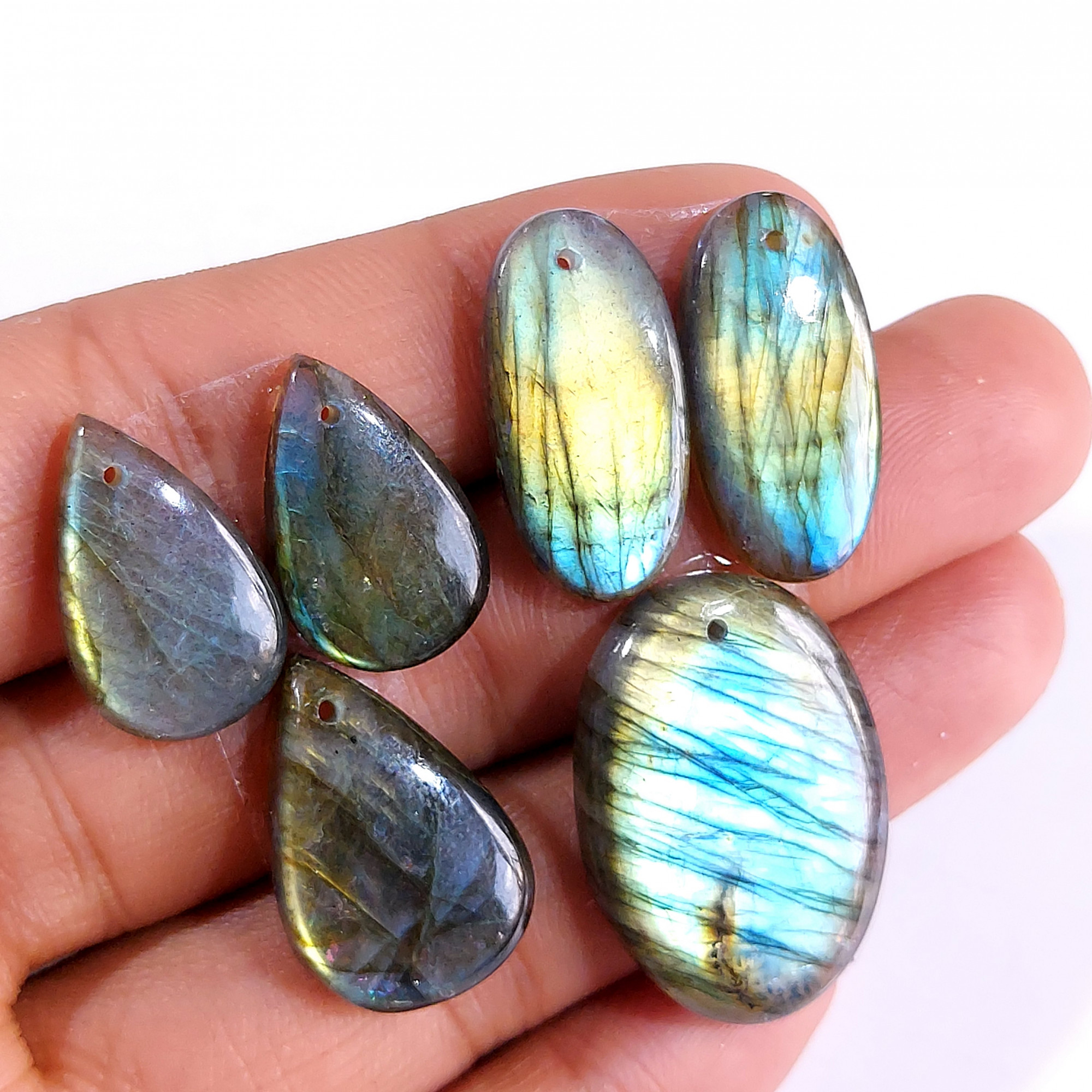 2 Sets 95 Cts Natural Multi Flash Labradorite 3 Pcs Set Front Drill For Earring and Pendant Making Gift For Women Silver Jewelry 15164