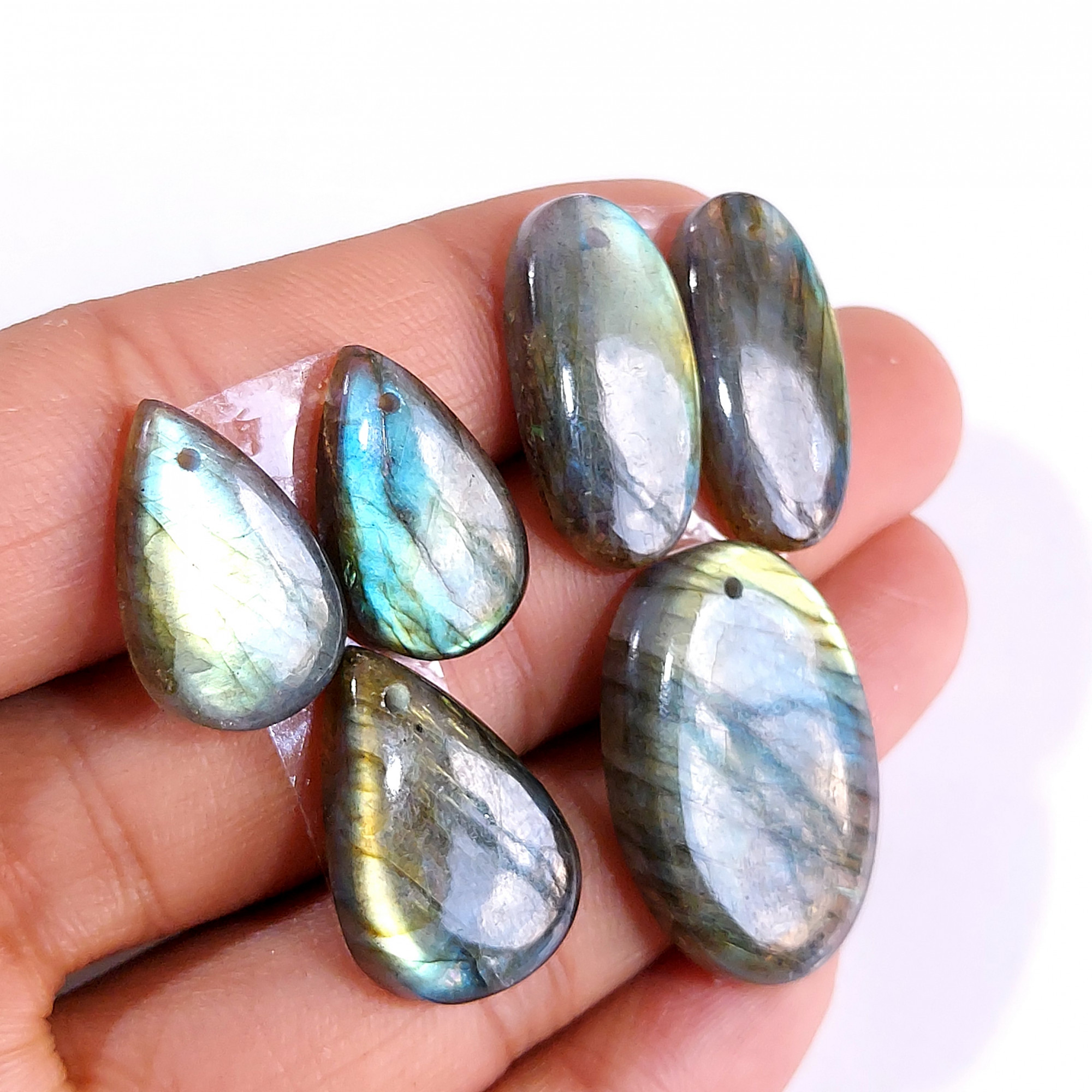 2 Sets 95 Cts Natural Multi Flash Labradorite 3 Pcs Set Front Drill For Earring and Pendant Making Gift For Women Silver Jewelry 15164