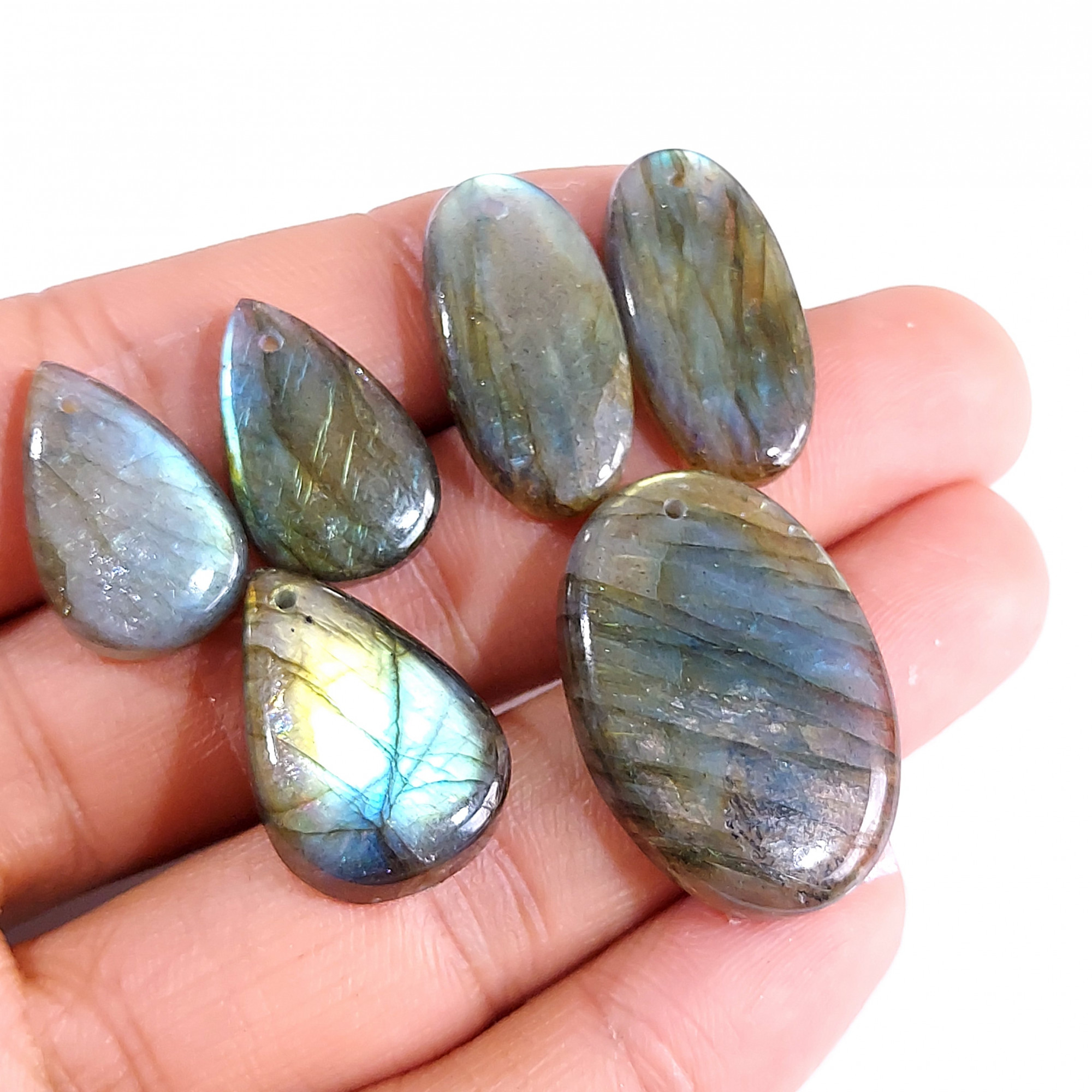 2 Sets 95 Cts Natural Multi Flash Labradorite 3 Pcs Set Front Drill For Earring and Pendant Making Gift For Women Silver Jewelry 15164