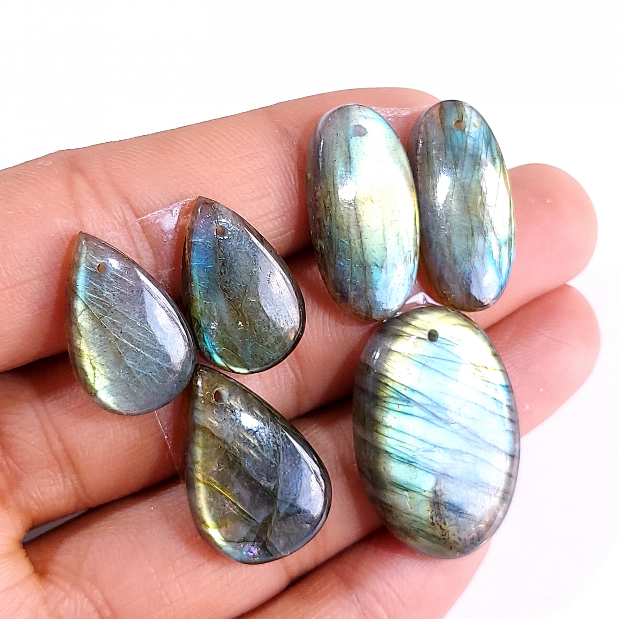 2 Sets 95 Cts Natural Multi Flash Labradorite 3 Pcs Set Front Drill For Earring and Pendant Making Gift For Women Silver Jewelry 15164