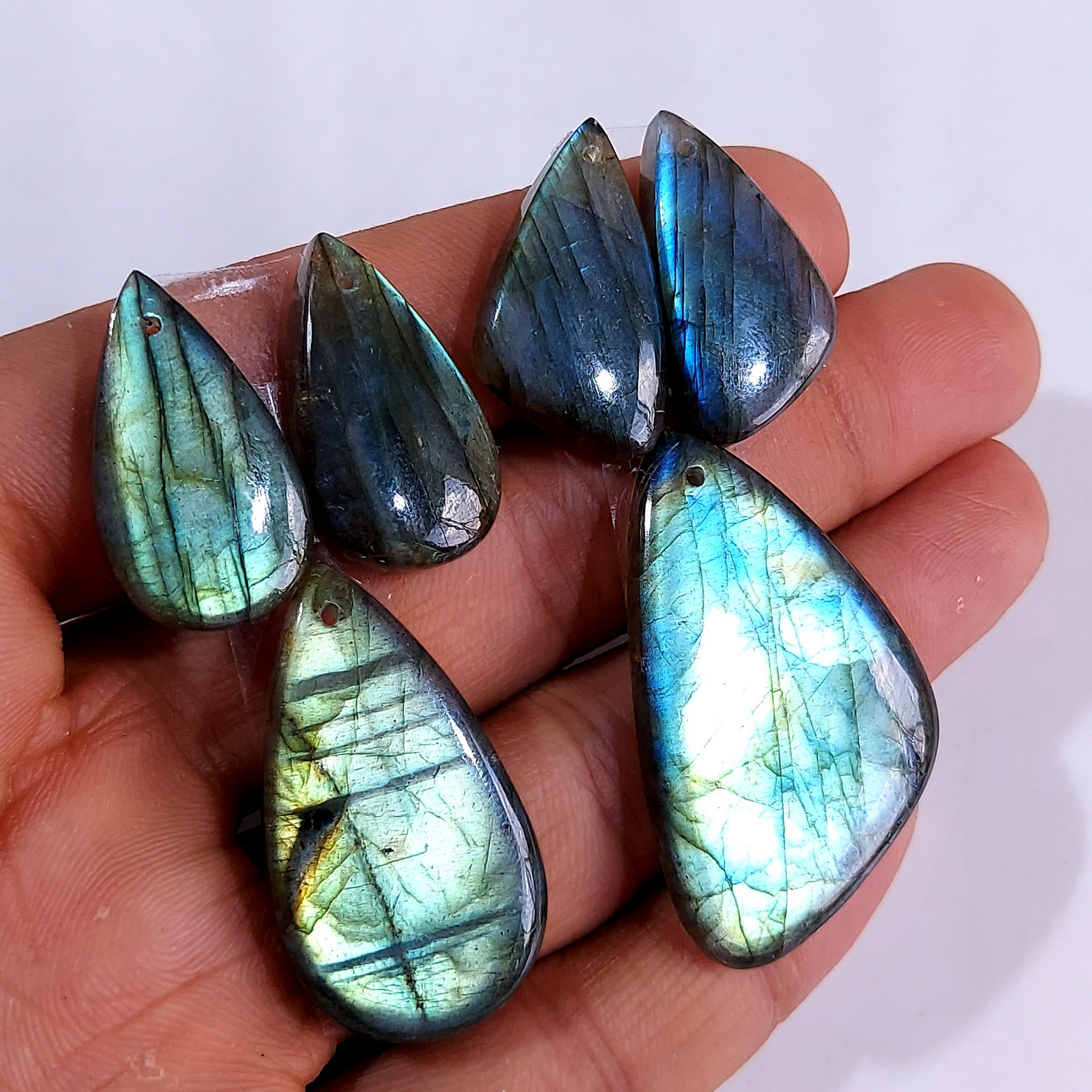 2 Sets 132 Cts Natural Multi Flash Labradorite 3 Pcs Set Front Drill For Earring and Pendant Making Gift For Women Silver Jewelry 15165