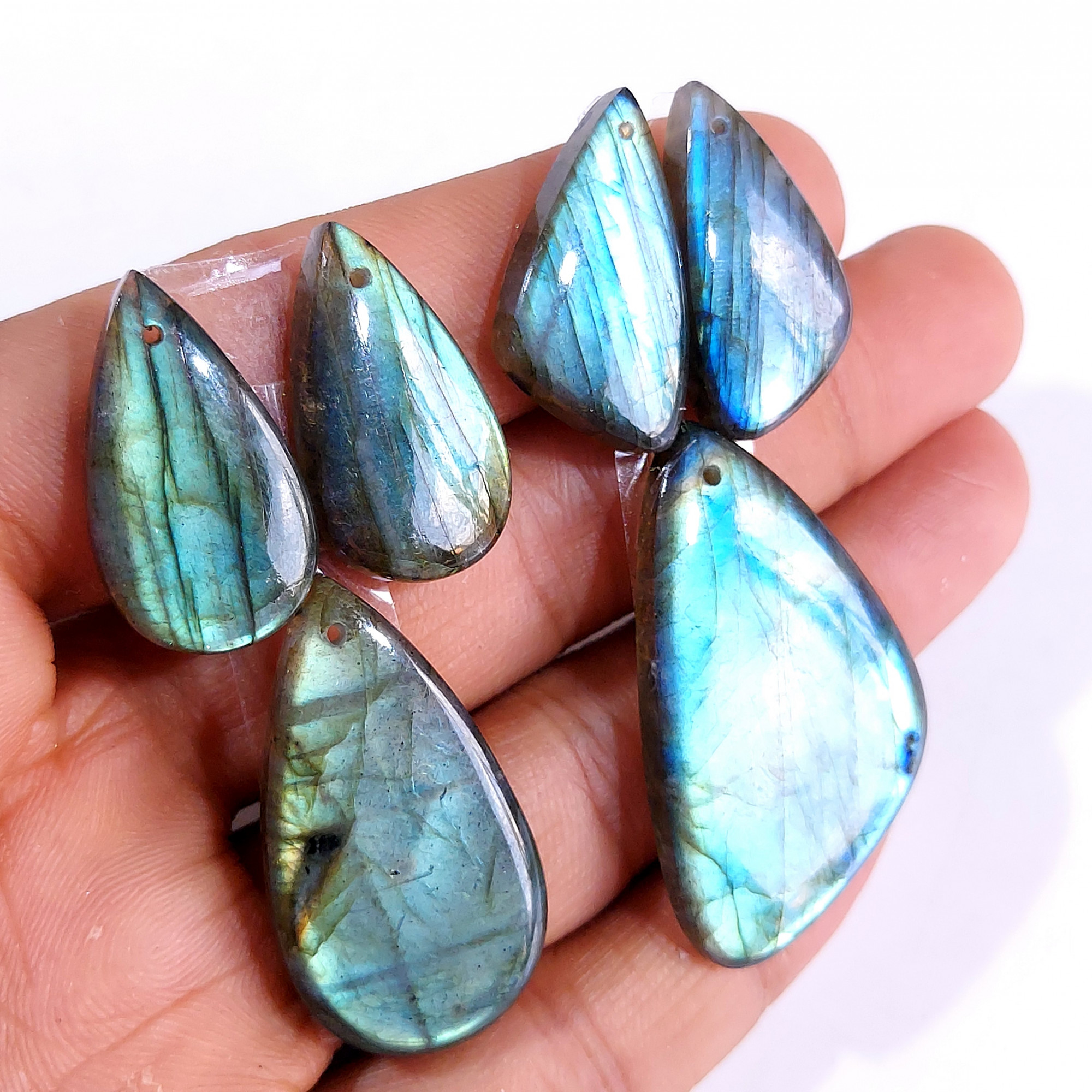 2 Sets 132 Cts Natural Multi Flash Labradorite 3 Pcs Set Front Drill For Earring and Pendant Making Gift For Women Silver Jewelry 15165