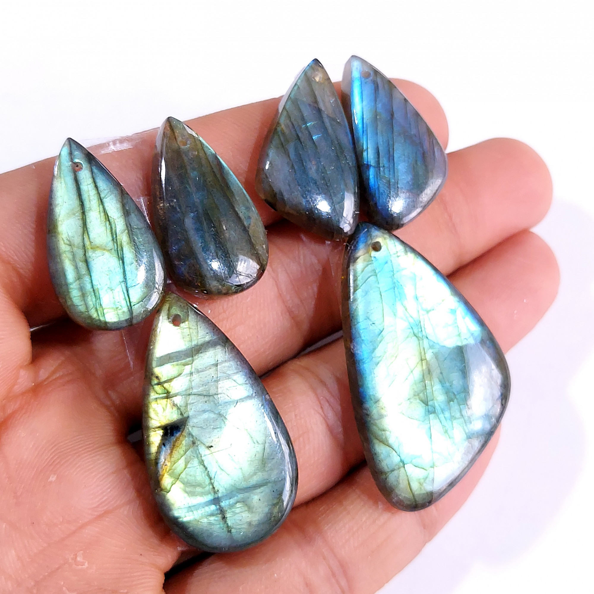 2 Sets 132 Cts Natural Multi Flash Labradorite 3 Pcs Set Front Drill For Earring and Pendant Making Gift For Women Silver Jewelry 15165